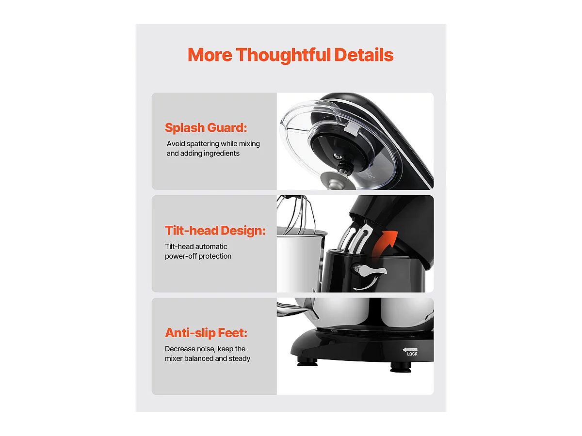Staande Mixer SucceBuy, Elektrische Mixer van 5.68L en 1400 W met RVS Kom, Haak, Garde, Mixer, Schraper, Zwart