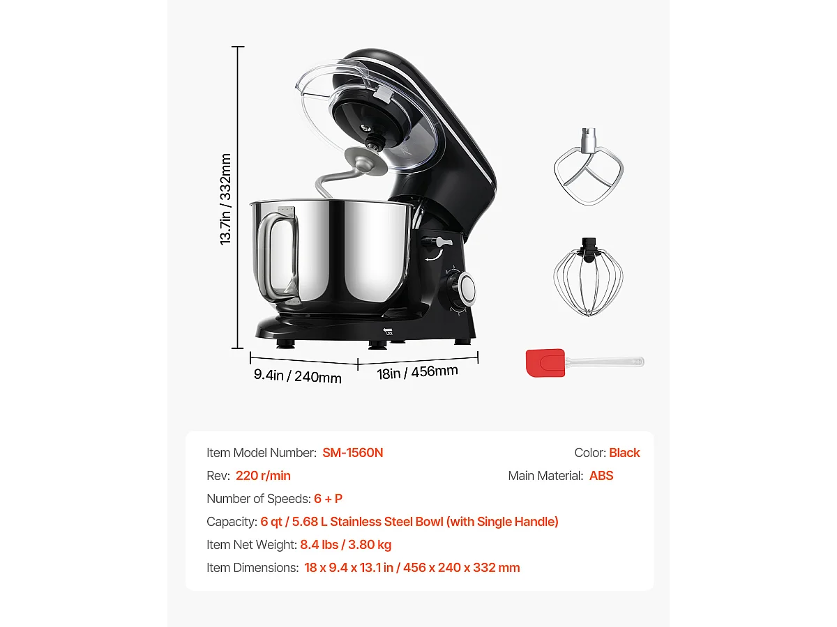 Batteur Électrique de 5.68L et 1400 W avec Batteur à 6 Vitesses, Mélangeur à pâte, Mélangeur alimentaire  Batteur sur Socle SucceBuy,