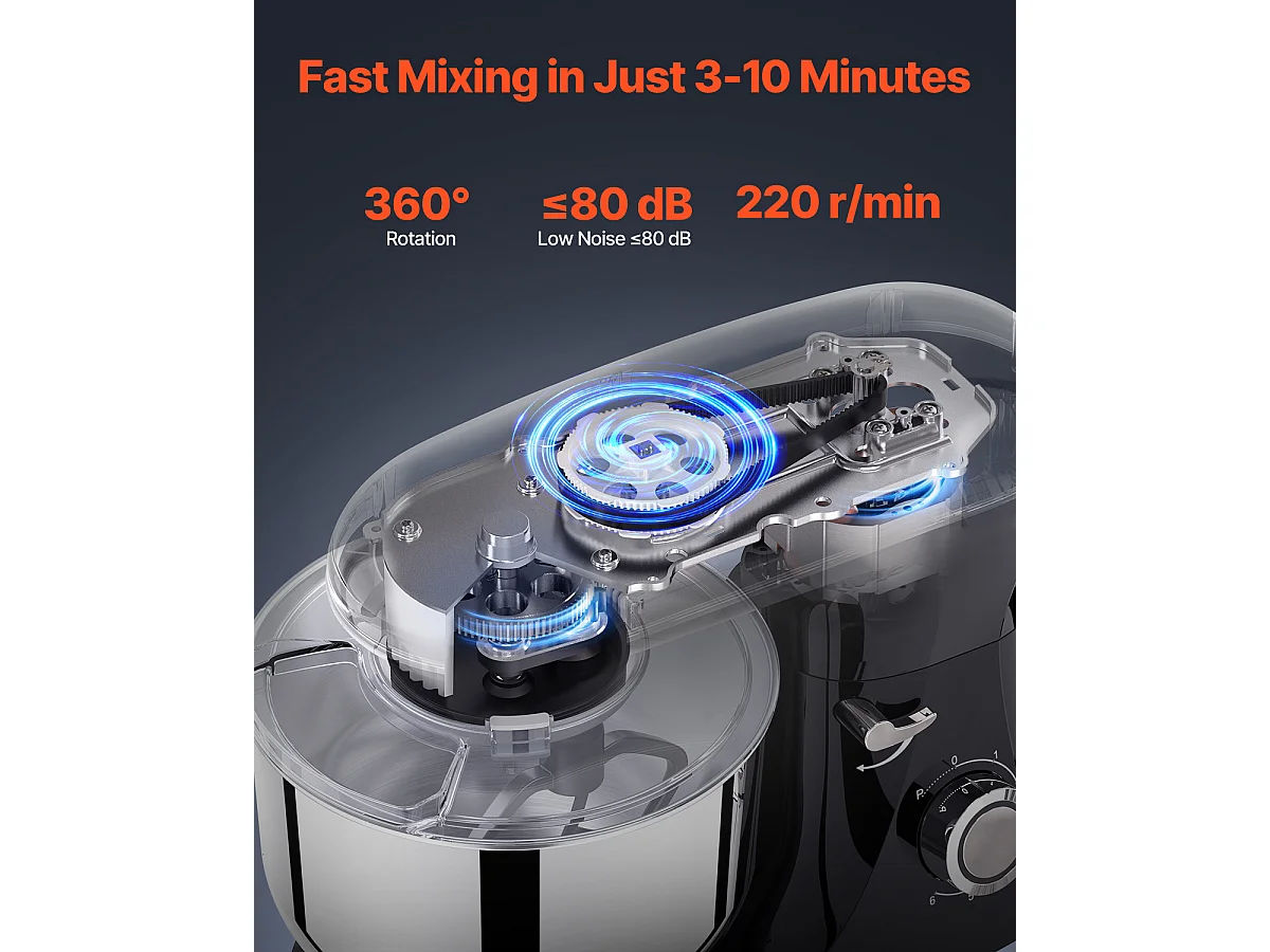 Batteur Électrique de 5.68L et 1400 W avec Batteur à 6 Vitesses, Mélangeur à pâte, Mélangeur alimentaire  Batteur sur Socle SucceBuy,