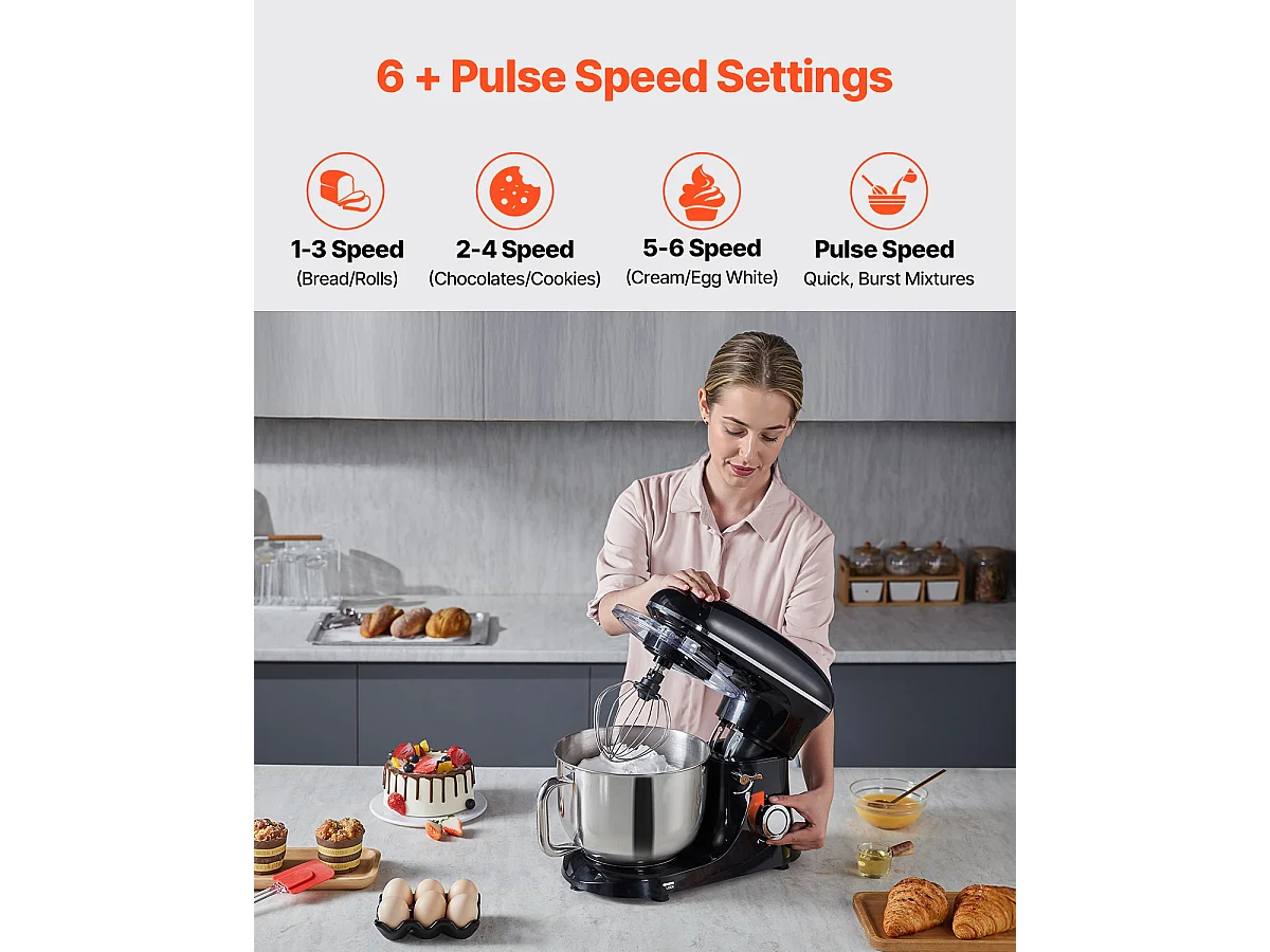 Batteur Électrique de 5.68L et 1400 W avec Batteur à 6 Vitesses, Mélangeur à pâte, Mélangeur alimentaire  Batteur sur Socle SucceBuy,