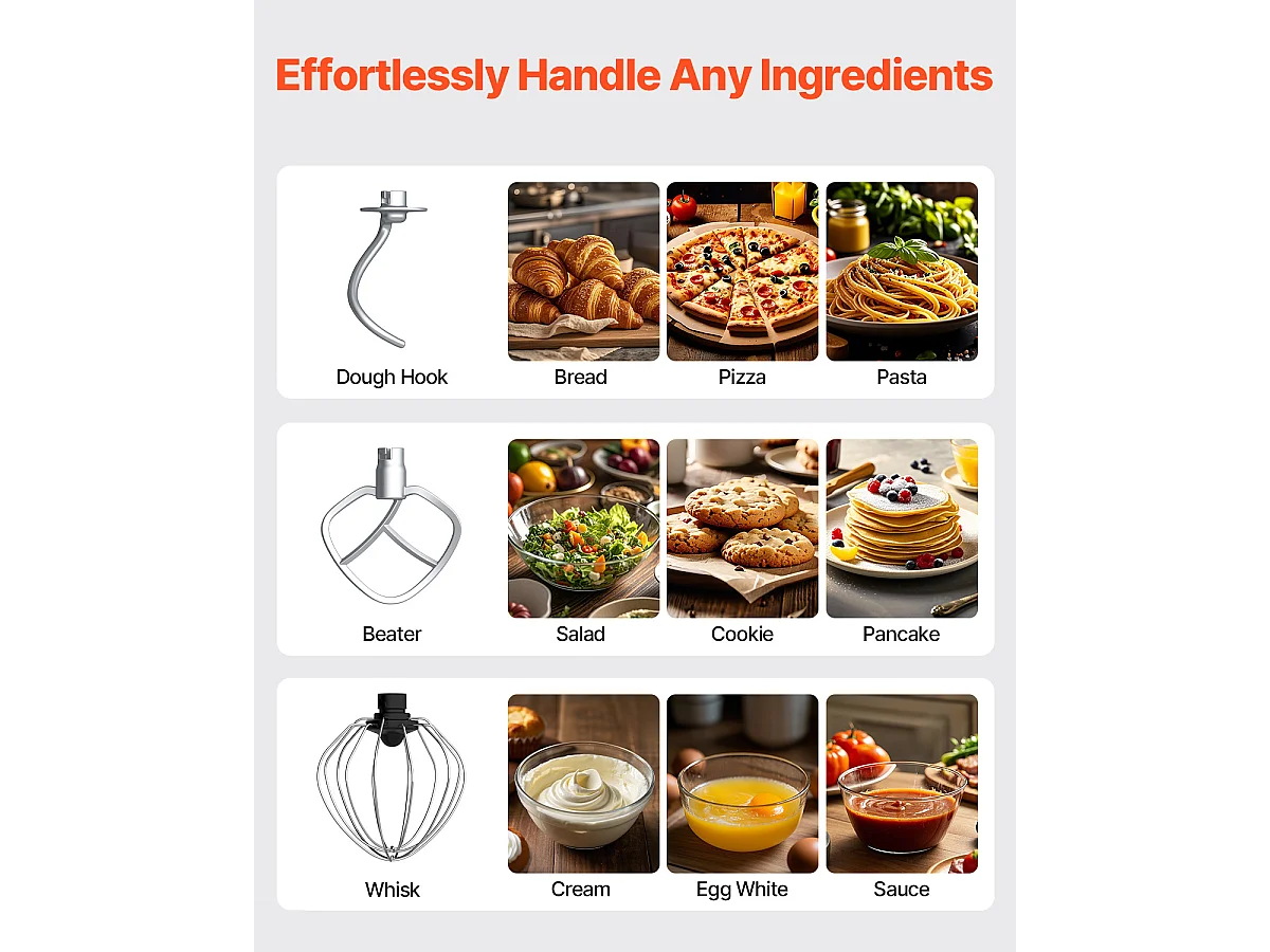 Batteur Électrique de 5.68L et 1400 W avec Batteur à 6 Vitesses, Mélangeur à pâte, Mélangeur alimentaire  Batteur sur Socle SucceBuy,