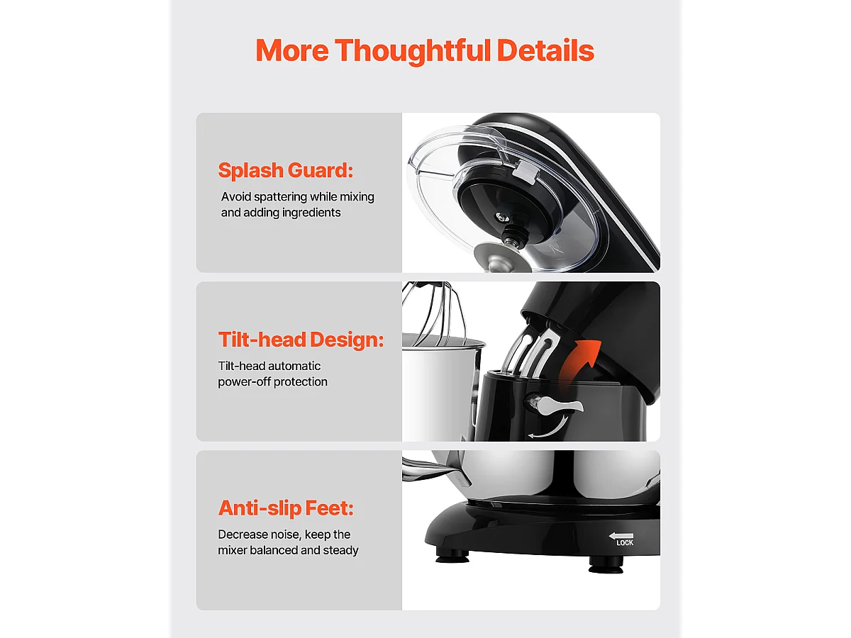 Batteur Électrique de 5.68L et 1400 W avec Batteur à 6 Vitesses, Mélangeur à pâte, Mélangeur alimentaire  Batteur sur Socle SucceBuy,
