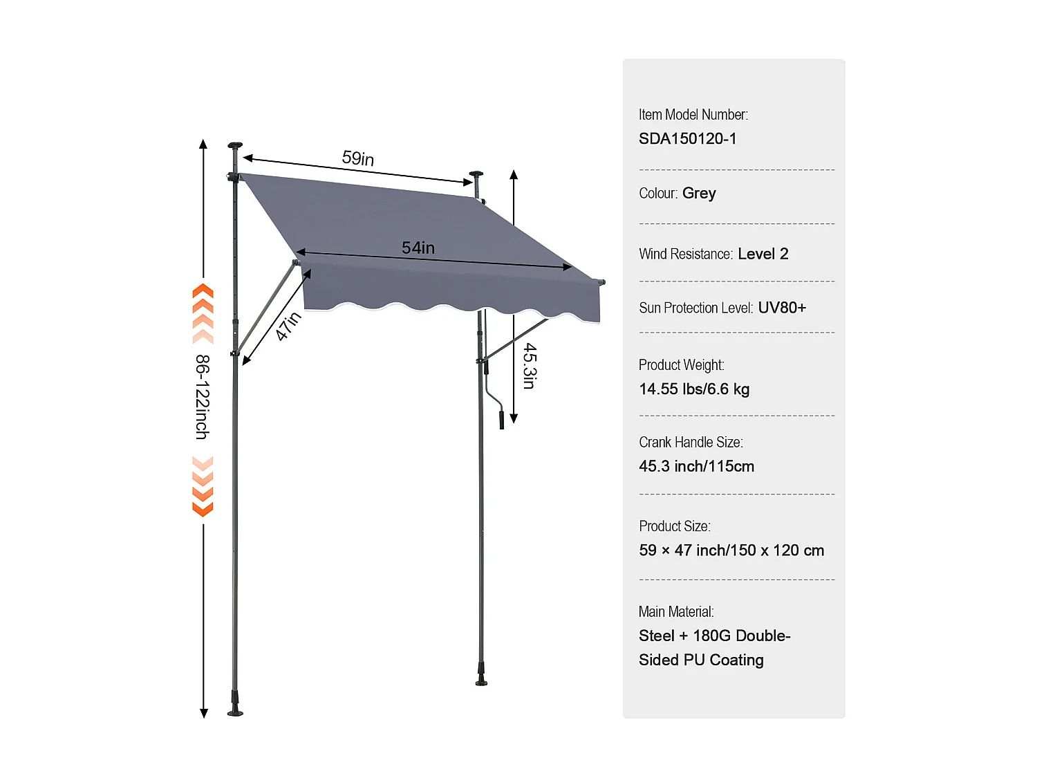 Tenda Da Sole Manuale Retrattile SucceBuy Per Terrazza 149,86 x 119,38 cm Con Manovella Grigio Scuro Copertura Parasole Retrattile