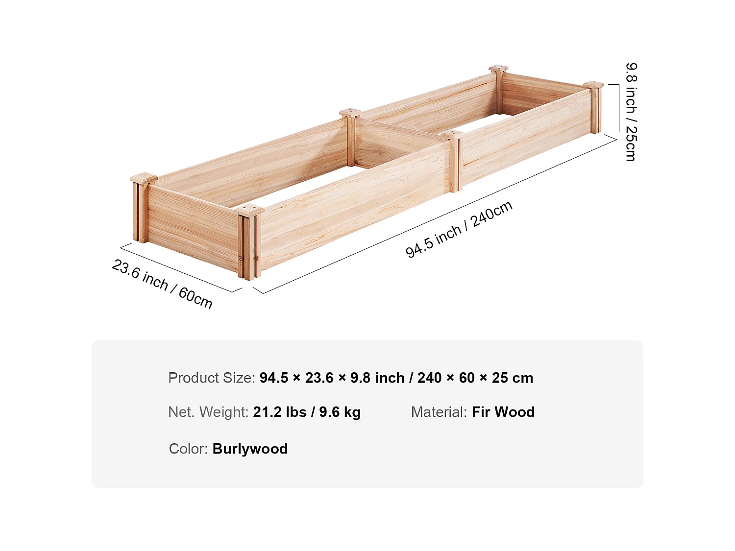 Jardinière Surélevée en Bois SucceBuy 240x60x25cm