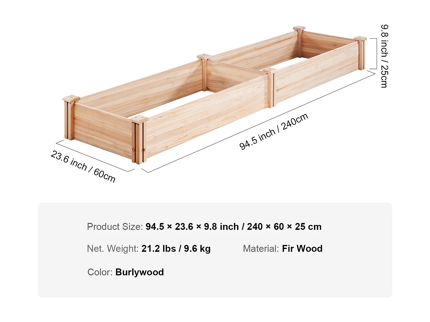 Jardinière Surélevée en Bois SucceBuy 240x60x25cm