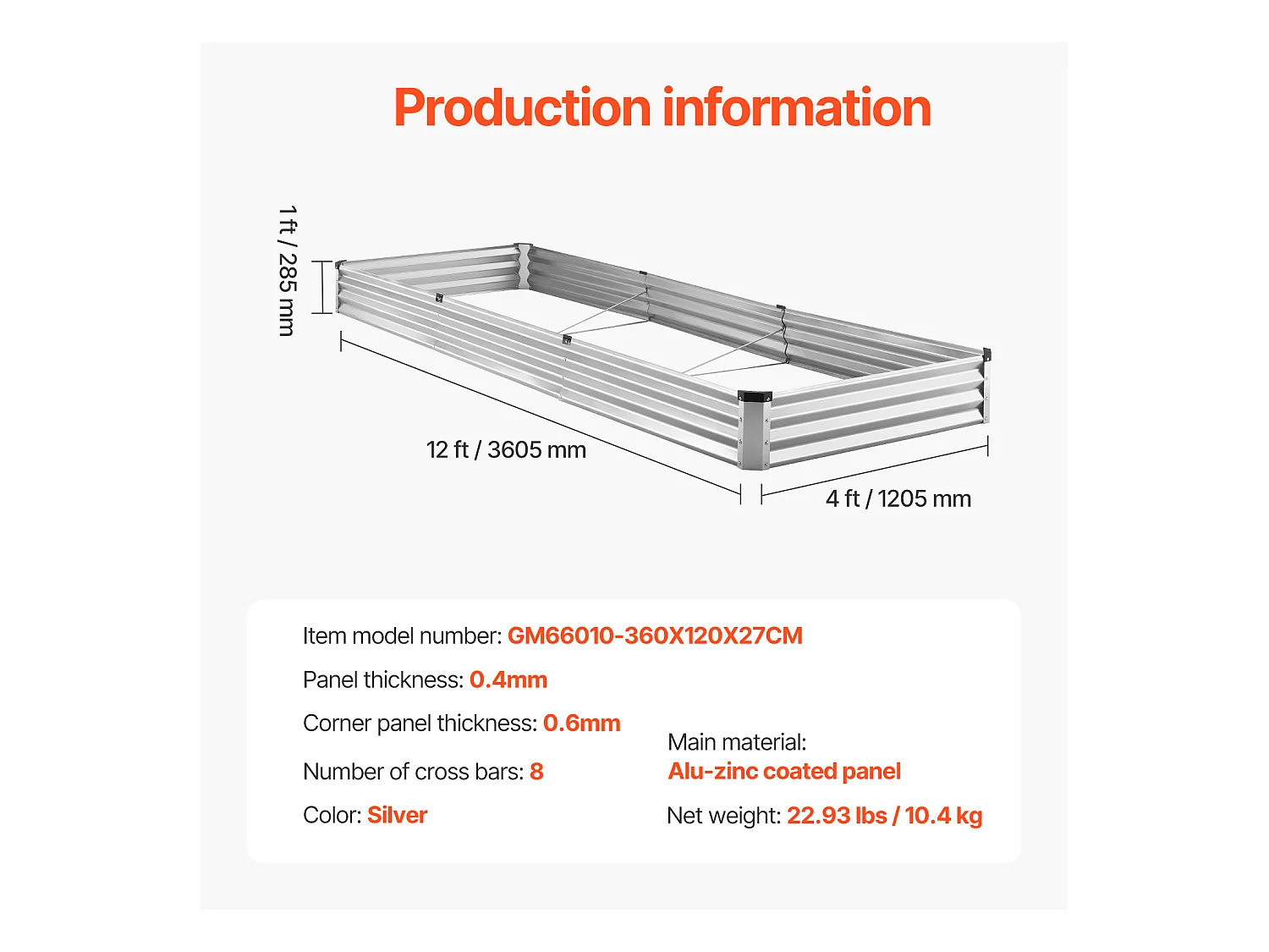 Jardinière Surélevée en Métal SucceBuy 3605 x 1205 x 285 mm pi Galvanisée pour Extérieur Argent