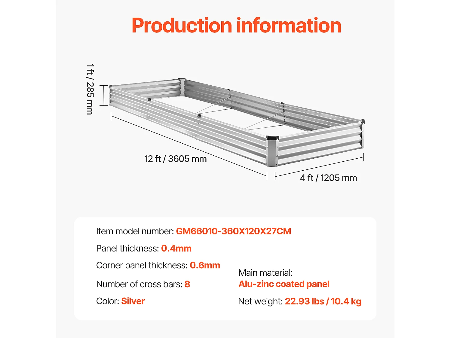 Jardinière Surélevée en Métal SucceBuy 3605 x 1205 x 285 mm pi Galvanisée pour Extérieur Argent
