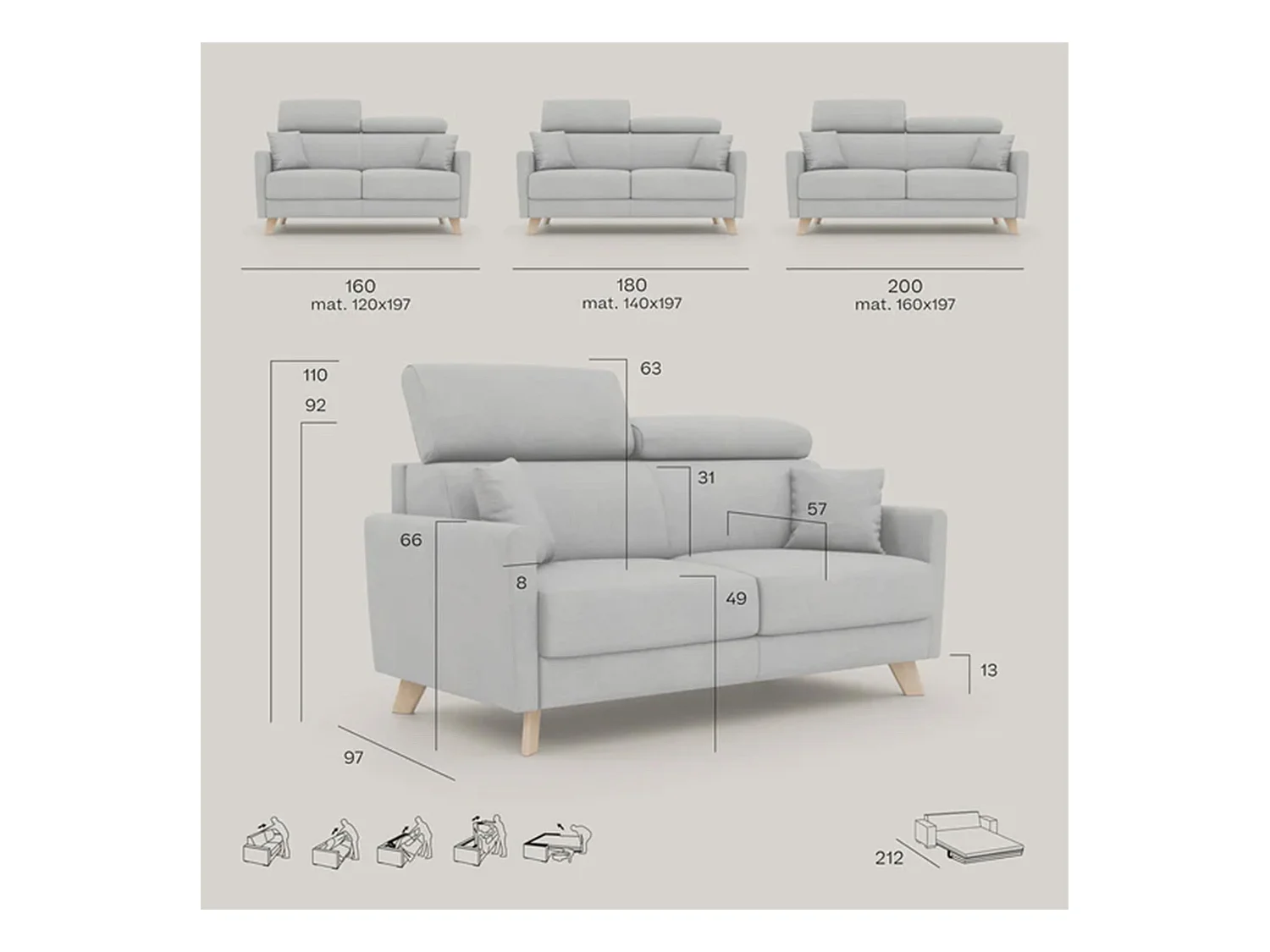 Francy Canapé convertible avec têtières réglables en tissu T17 180 cm (mat. 140x197) Rouge