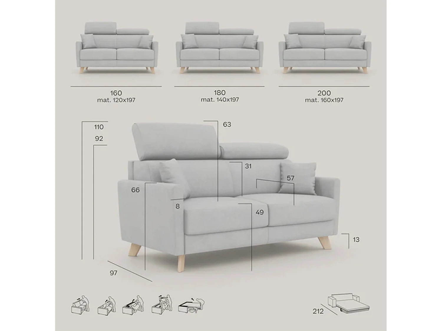 Francy Canapé convertible avec têtières réglables en tissu T17 180 cm (mat. 140x197) Vert Clair