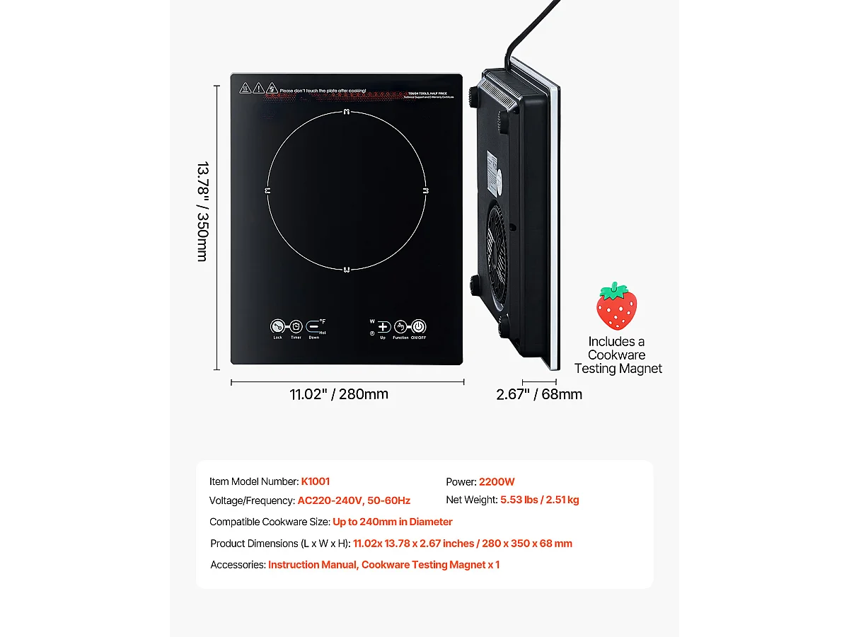 Table de Cuisson à Induction SucceBuy Portable, Brûleur de Comptoir 2200 W avec 11 Niveaux, Verrouillage Enfant, Facile à Nettoyer