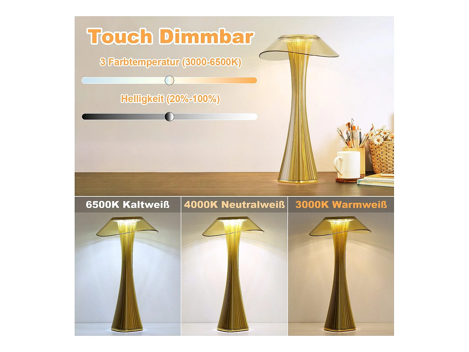 NETTLIFE Nowoczesna ściemnialna lampka nocna LED USB z 3 poziomami jasności Lampa stołowa Lampa stołowa