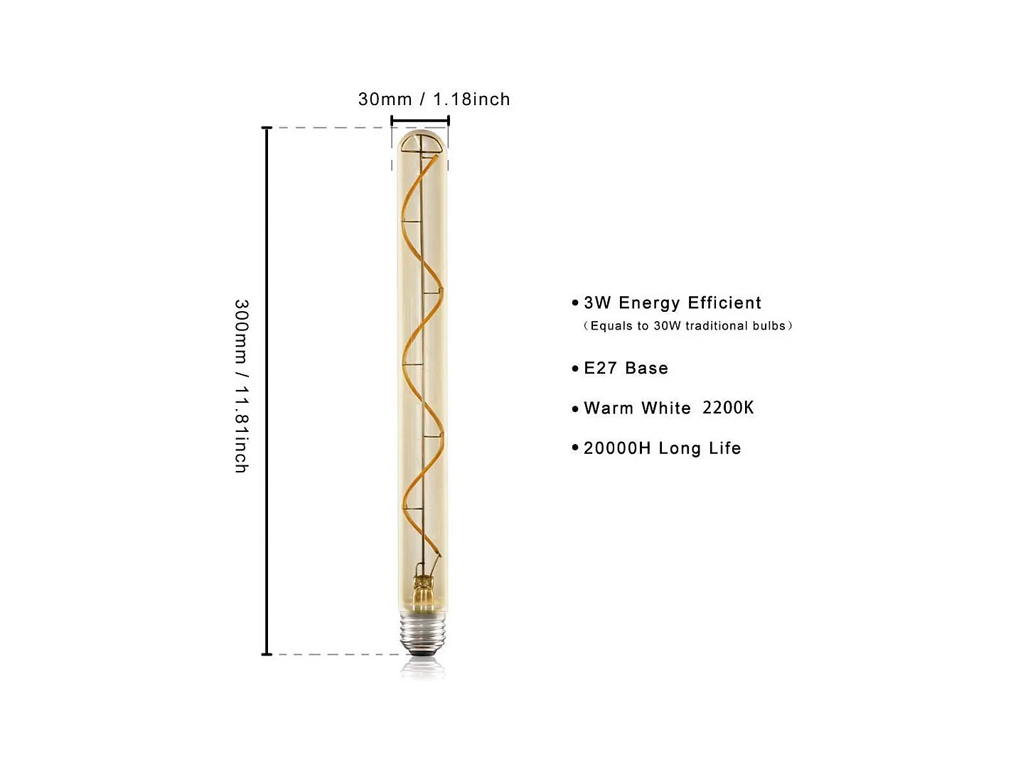 NETTLIFE E27 LED-lamp in vintage stijl, buisvormig, 300 mm, goudkleurig voor thuis en in het café