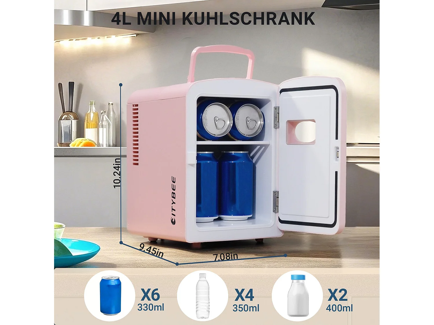 NETTLIFE Mini-Kühlschrank, 4 l, kleiner Kühlschrank, 12 V, 230 V, ideal für Auto, Schlafzimmer, Camping, Büro und Reisen (Pink)