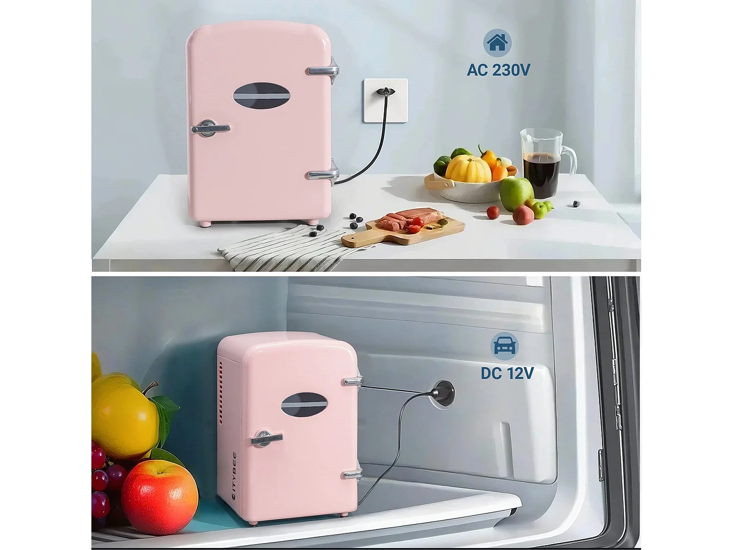 NETTLIFE Mini-Kühlschrank, 4 l, kleiner Kühlschrank, 12 V, 230 V, ideal für Auto, Schlafzimmer, Camping, Büro und Reisen (Pink)