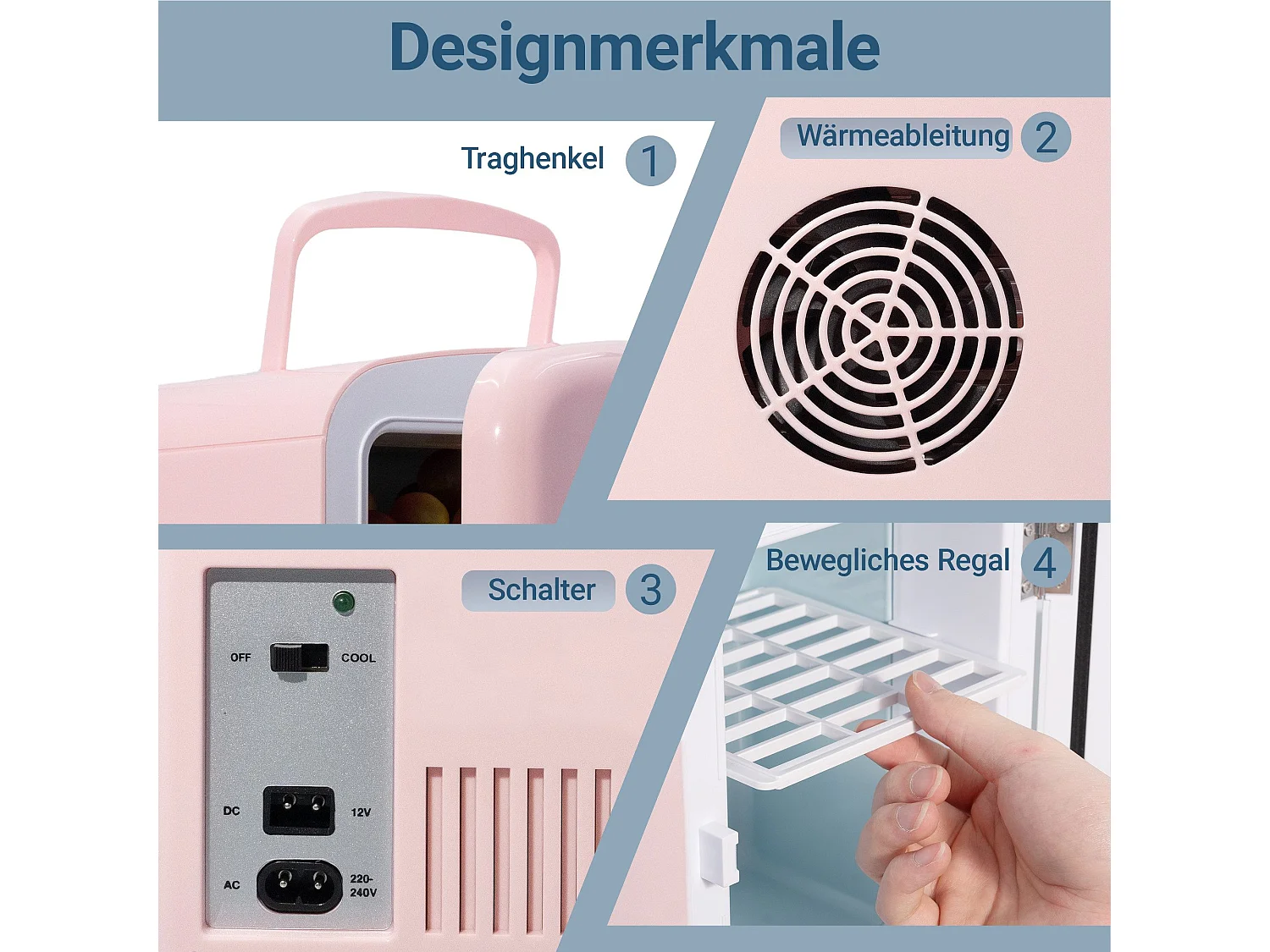 NETTLIFE Mini-Kühlschrank, 4 l, kleiner Kühlschrank, 12 V, 230 V, ideal für Auto, Schlafzimmer, Camping, Büro und Reisen (Pink)