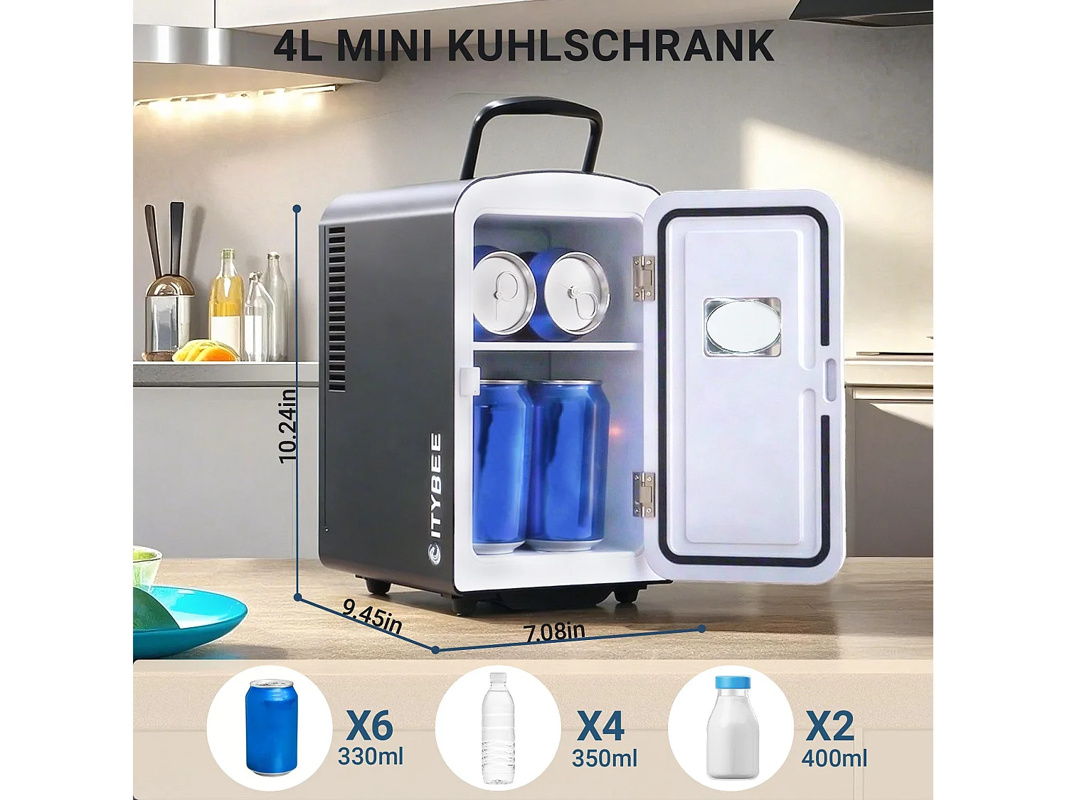 NETTLIFE Mini-Kühlschrank, 4 l, kleiner Kühlschrank, 12 V, 230 V, ideal für Auto, Schlafzimmer, Camping, Büro und Reisen (schwarz)