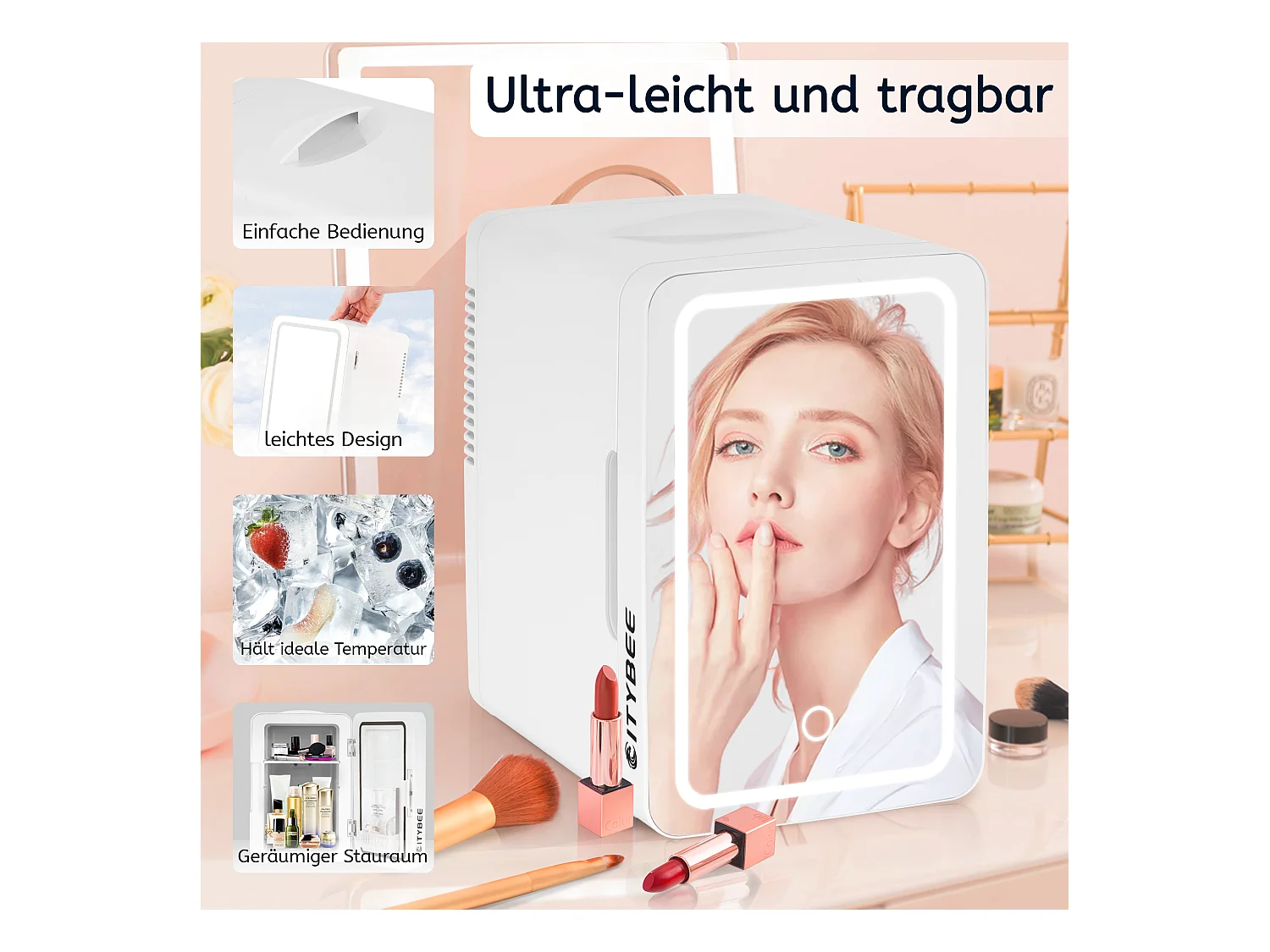 Mini réfrigérateur NETTLIFE 6 L - Petit réfrigérateur 12 V 230 V silencieux avec miroir et éclairage LED