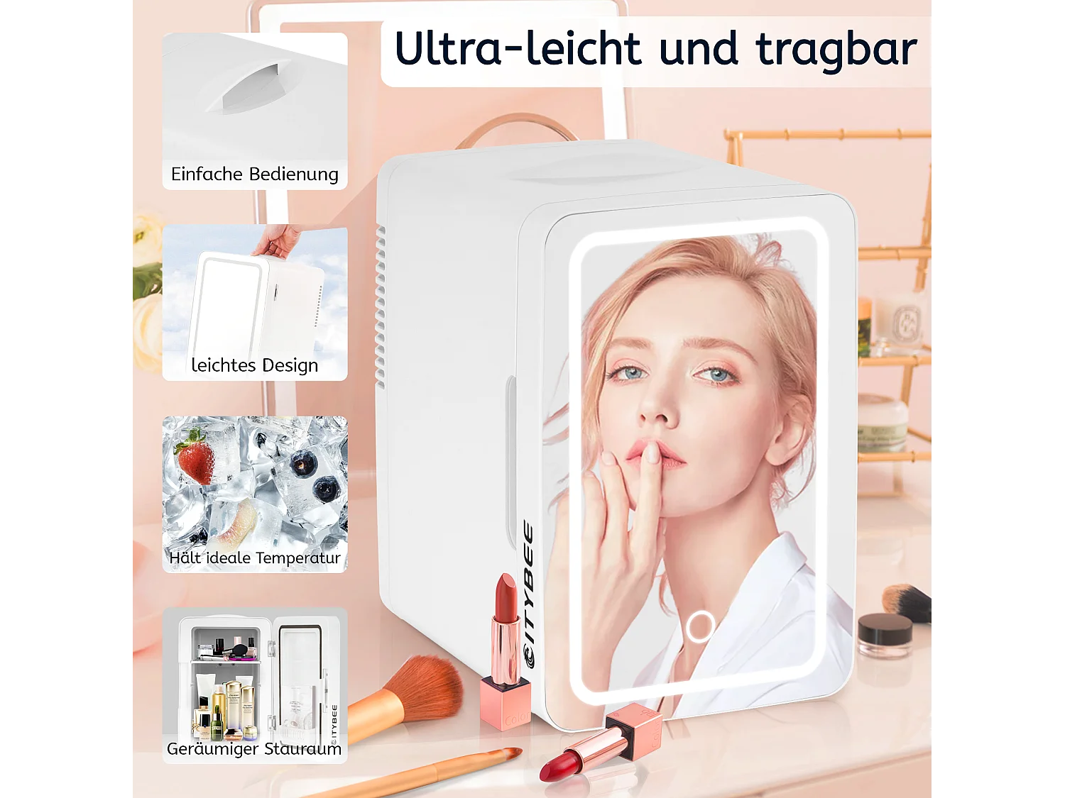 NETTLIFE 6L Mini-Kühlschrank – 12 V 230 V, leiser kleiner Kühlschrank mit Spiegel und LED-Beleuchtung