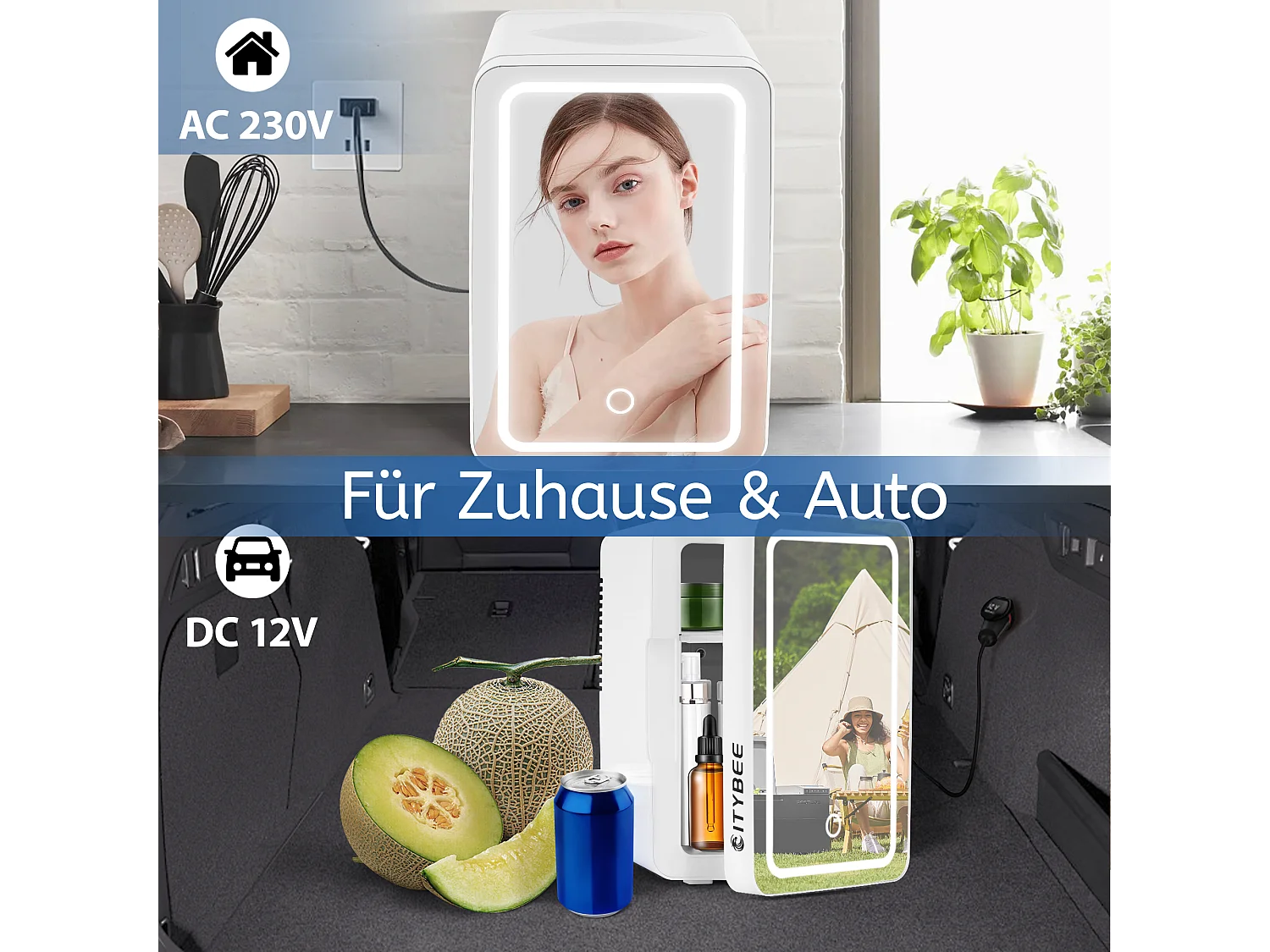 Mini réfrigérateur NETTLIFE 6 L - Petit réfrigérateur 12 V 230 V silencieux avec miroir et éclairage LED