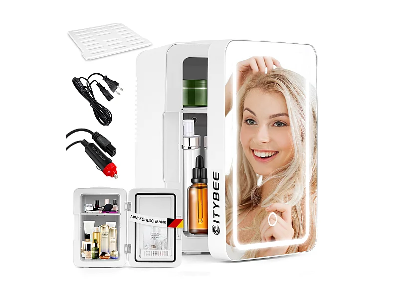 NETTLIFE 6L Mini lodówka - 12V 230V Cicha mała lodówka z lustrem i oświetleniem LED