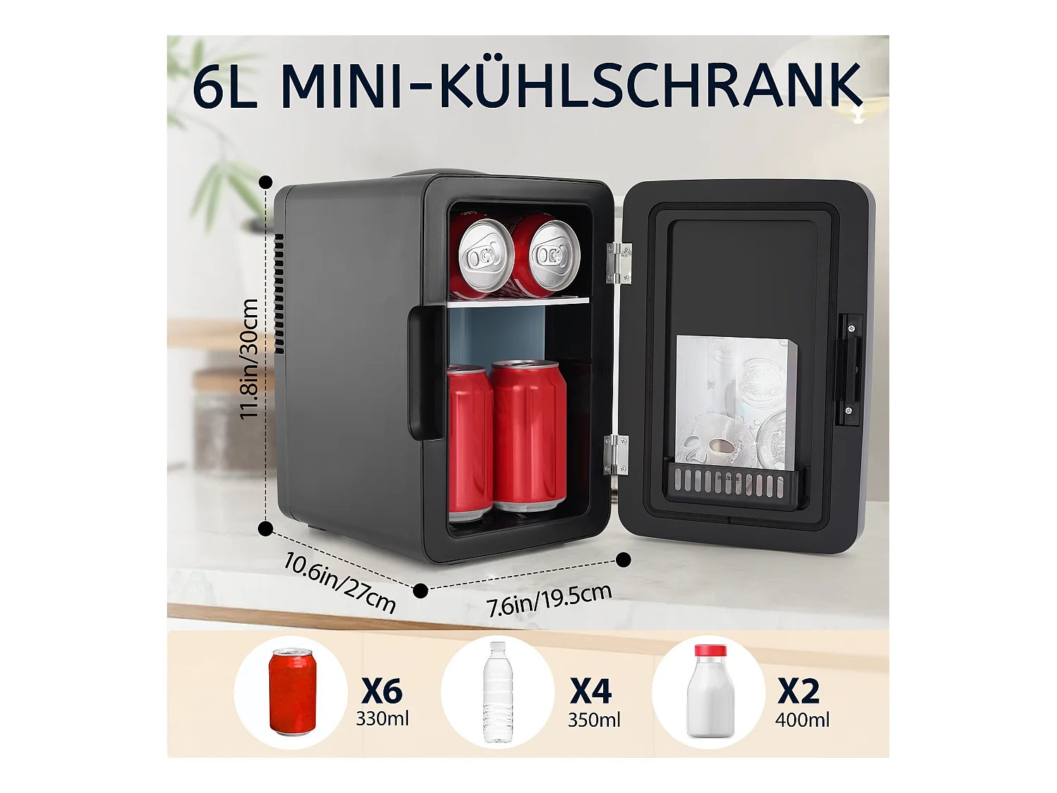 Mini refrigerador NETTLIFE de 6 litros: refrigerador pequeño, silencioso, de 12 V y 230 V, con espejo e iluminación LED. Refrigerador para el cuidado de la piel.