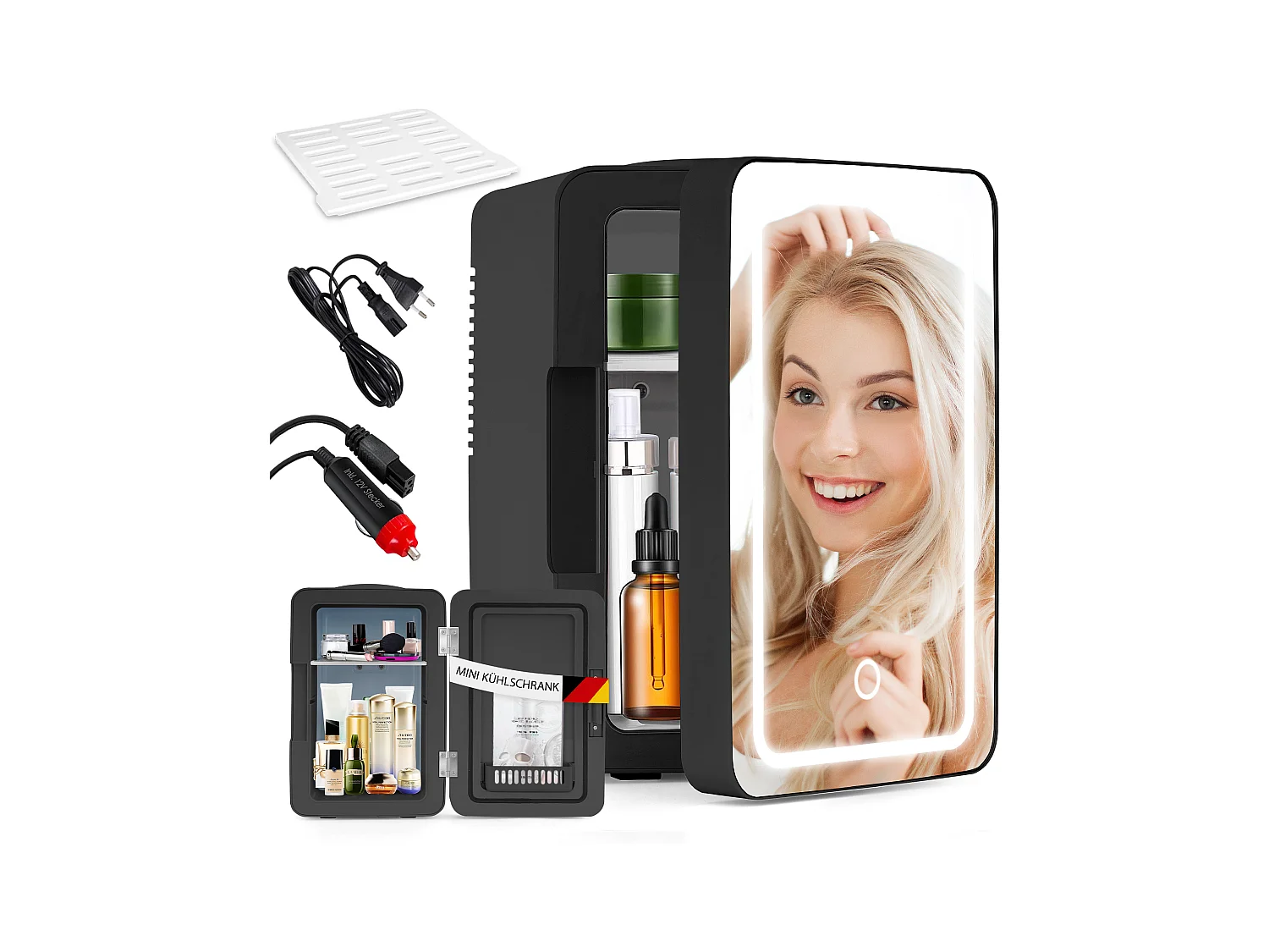 Mini-réfrigérateur NETTLIFE 6 L - Petit réfrigérateur 12 V 230 V silencieux avec miroir et éclairage LED - Réfrigérateur pour soins de la peau