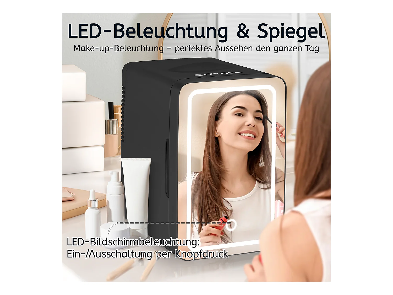 Mini-réfrigérateur NETTLIFE 6 L - Petit réfrigérateur 12 V 230 V silencieux avec miroir et éclairage LED - Réfrigérateur pour soins de la peau