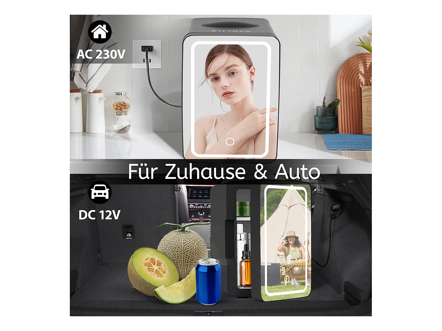 Mini-réfrigérateur NETTLIFE 6 L - Petit réfrigérateur 12 V 230 V silencieux avec miroir et éclairage LED - Réfrigérateur pour soins de la peau