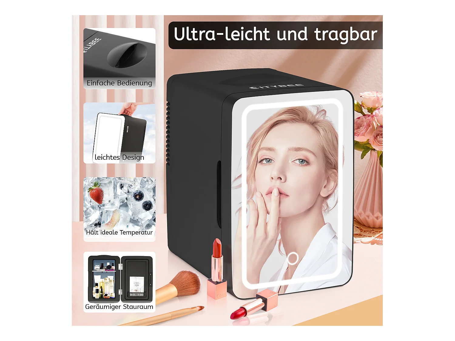 Mini-réfrigérateur NETTLIFE 6 L - Petit réfrigérateur 12 V 230 V silencieux avec miroir et éclairage LED - Réfrigérateur pour soins de la peau