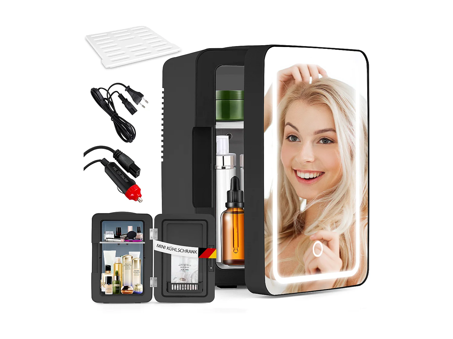 Mini-réfrigérateur NETTLIFE 6 L - Petit réfrigérateur 12 V 230 V silencieux avec miroir et éclairage LED - Réfrigérateur pour soins de la peau