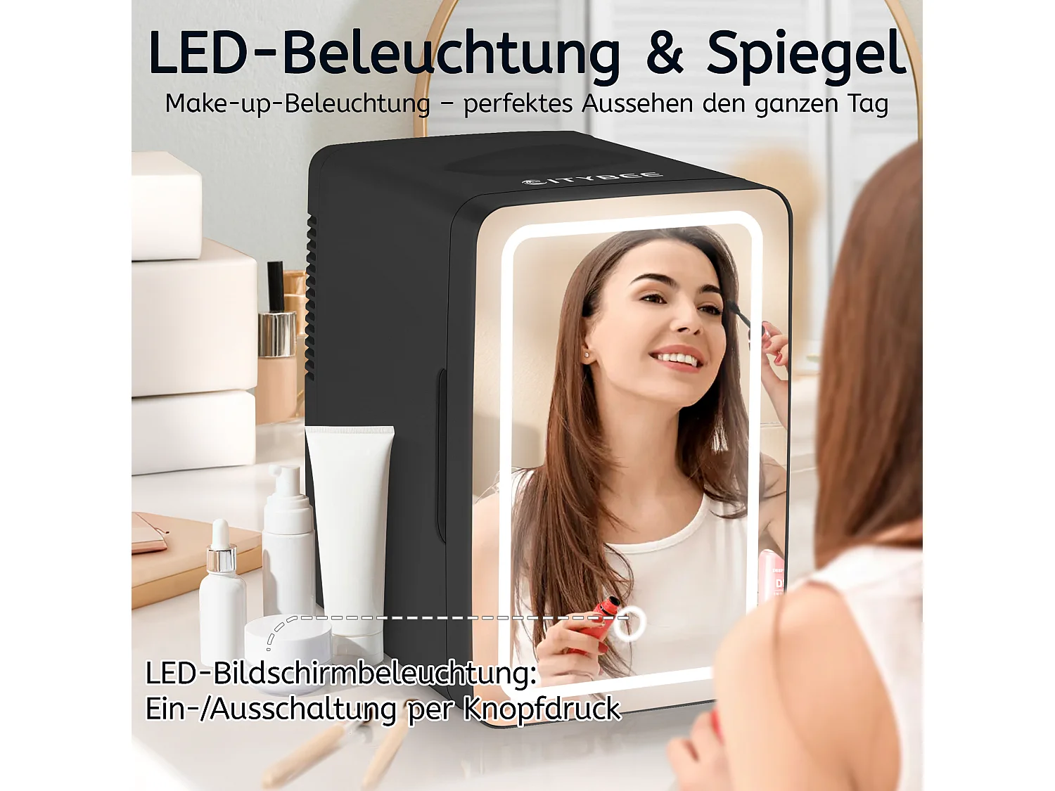 Mini-réfrigérateur NETTLIFE 6 L - Petit réfrigérateur 12 V 230 V silencieux avec miroir et éclairage LED - Réfrigérateur pour soins de la peau