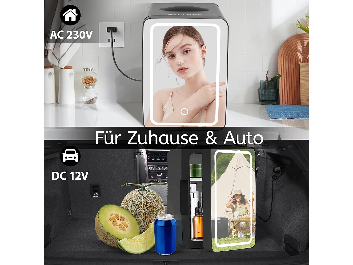 Mini-réfrigérateur NETTLIFE 6 L - Petit réfrigérateur 12 V 230 V silencieux avec miroir et éclairage LED - Réfrigérateur pour soins de la peau