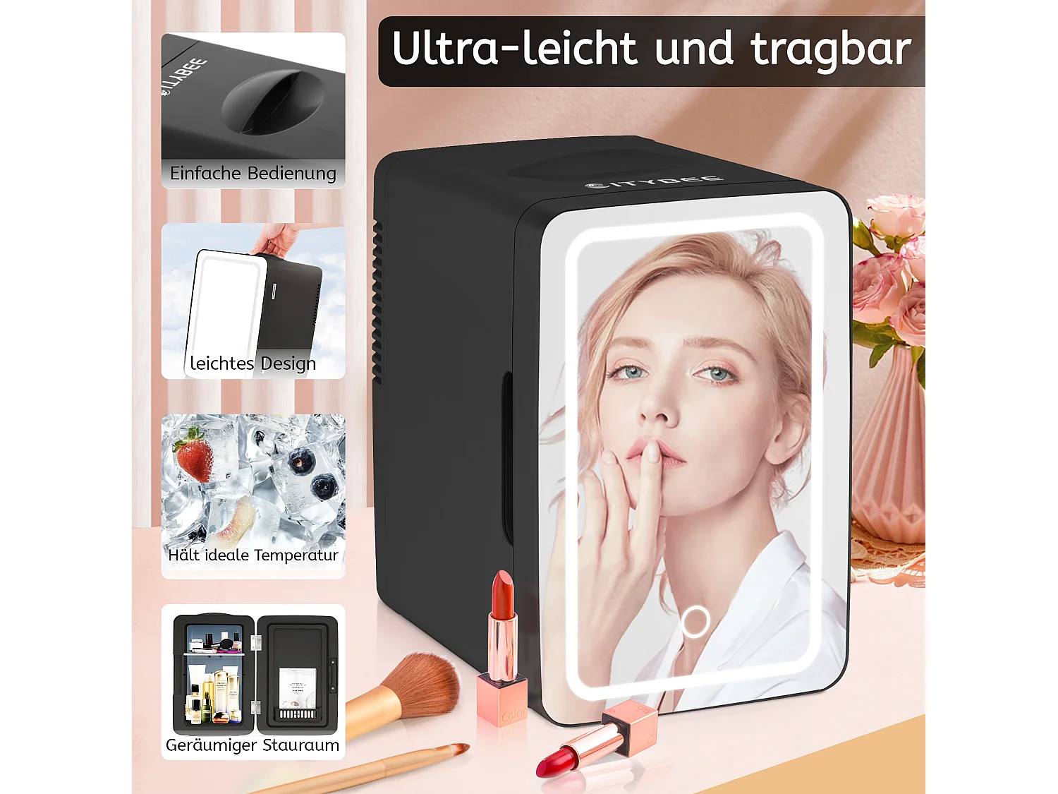 Mini-réfrigérateur NETTLIFE 6 L - Petit réfrigérateur 12 V 230 V silencieux avec miroir et éclairage LED - Réfrigérateur pour soins de la peau