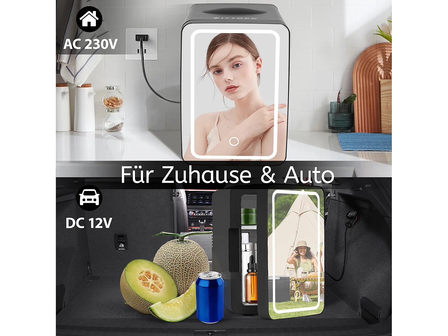 Mini refrigerador NETTLIFE de 6 litros: refrigerador pequeño, silencioso, de 12 V y 230 V, con espejo e iluminación LED. Refrigerador para el cuidado de la piel.