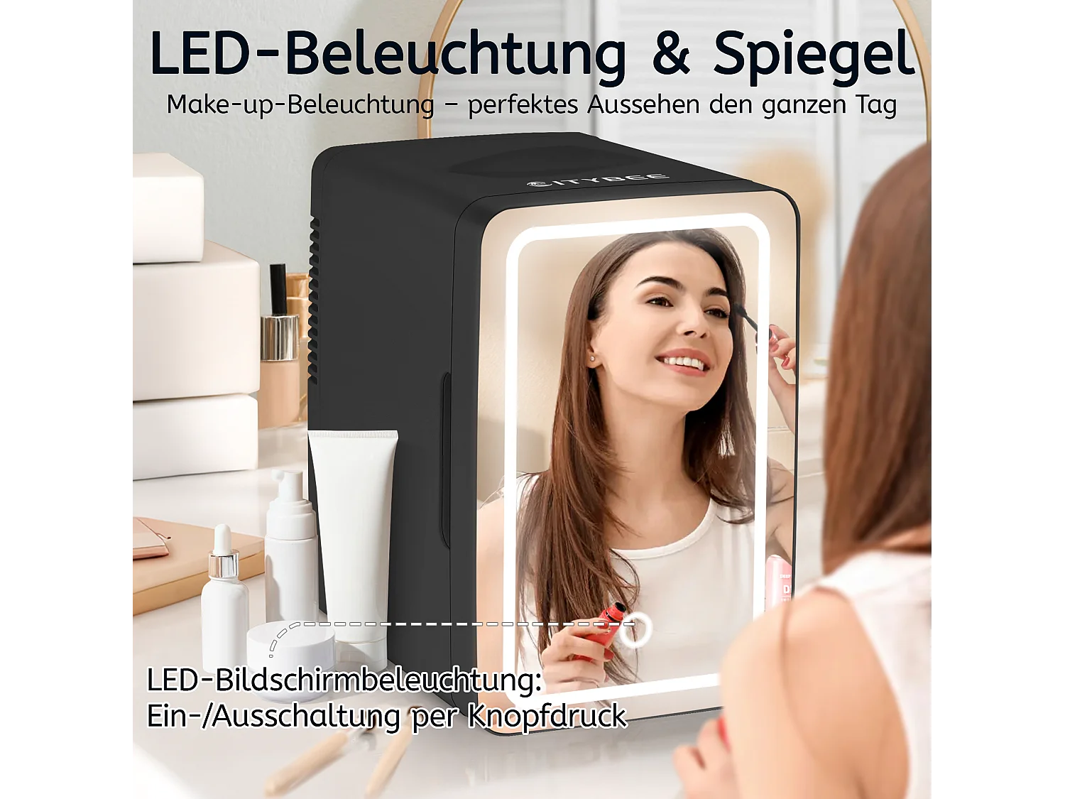 Mini-réfrigérateur NETTLIFE 6 L - Petit réfrigérateur 12 V 230 V silencieux avec miroir et éclairage LED - Réfrigérateur pour soins de la peau