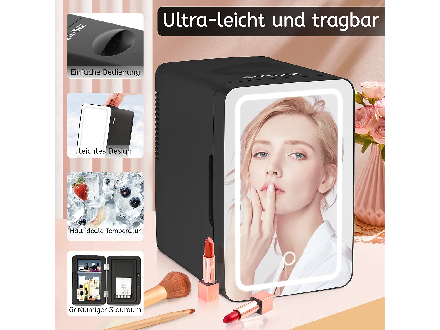 Mini-réfrigérateur NETTLIFE 6 L - Petit réfrigérateur 12 V 230 V silencieux avec miroir et éclairage LED - Réfrigérateur pour soins de la peau