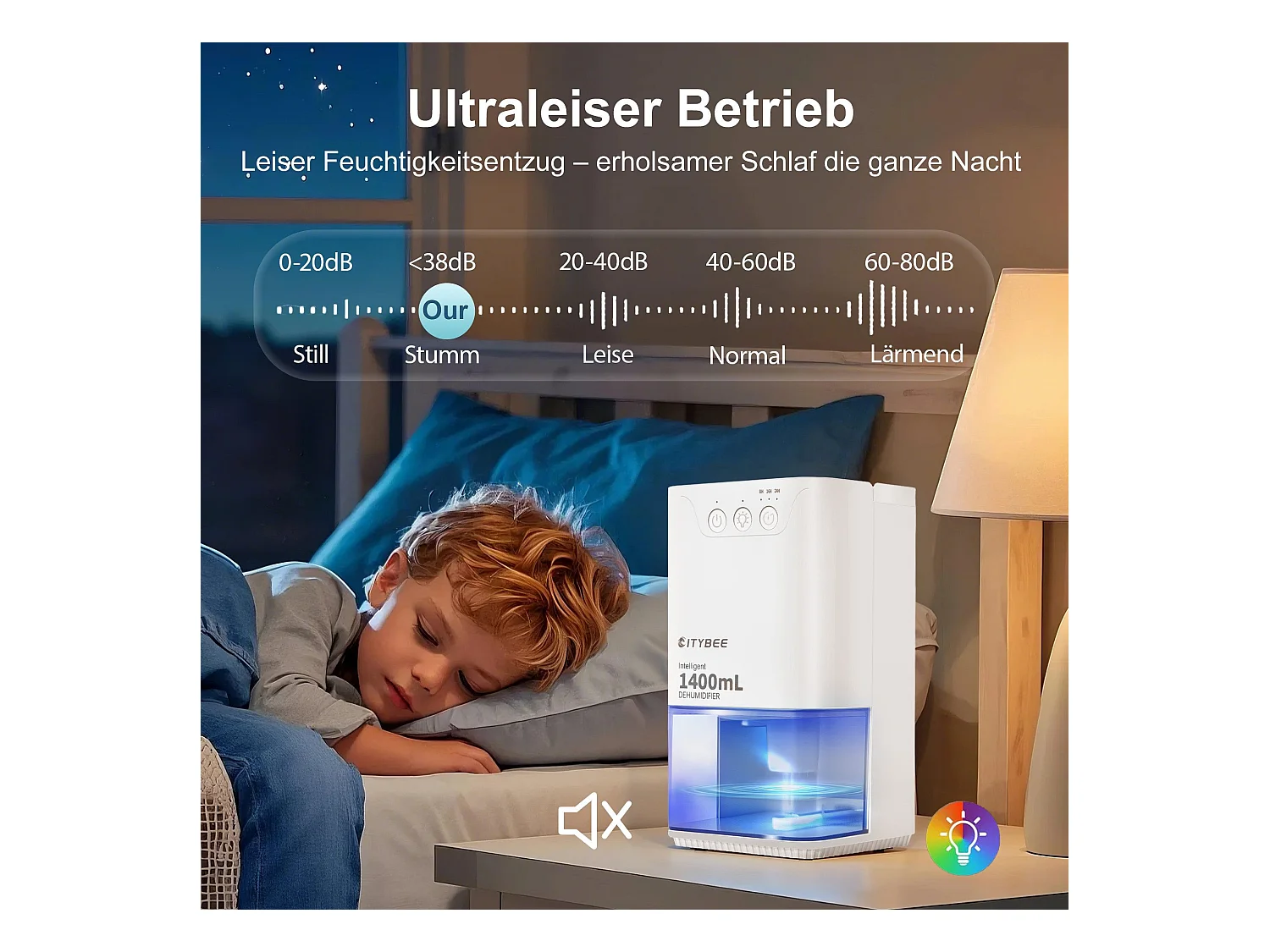 Déshumidificateur NETTLIFE 1400 ml avec minuterie et d'ambiance (blanc)