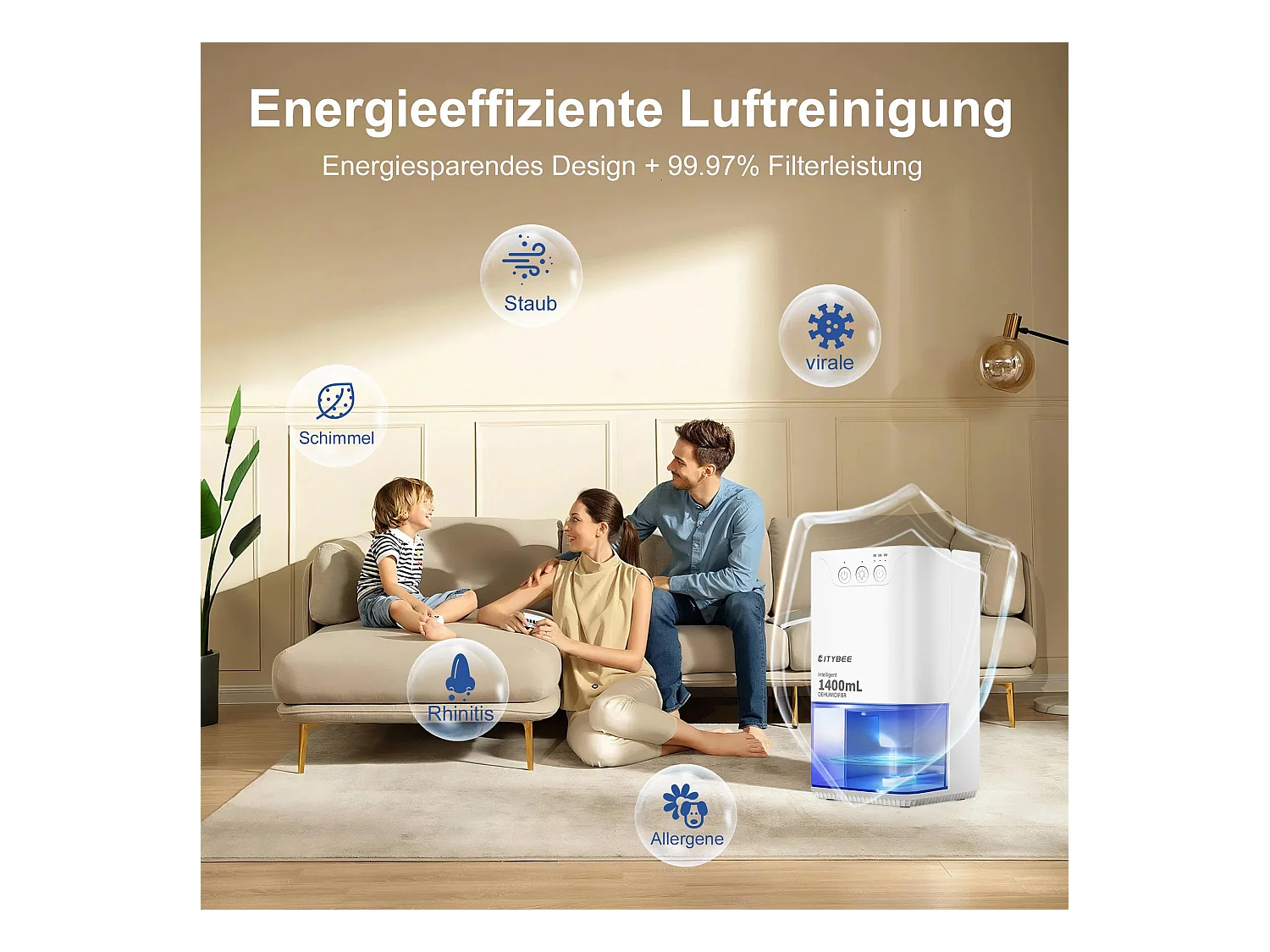 Déshumidificateur NETTLIFE 1400 ml avec minuterie et d'ambiance (blanc)