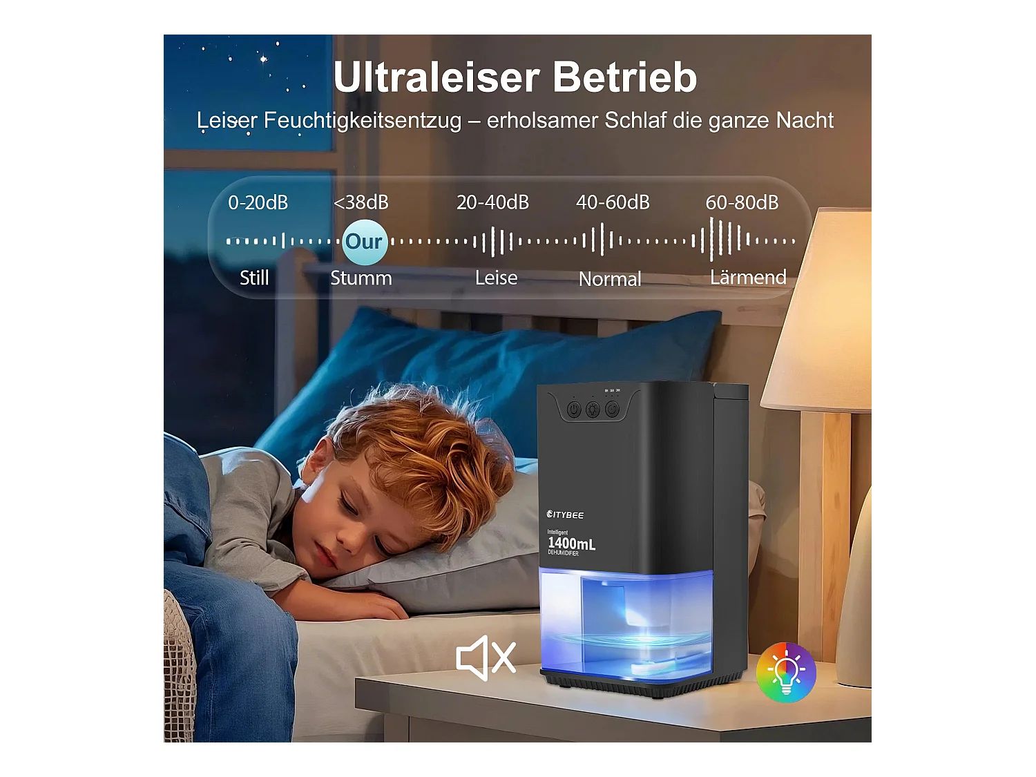 Déshumidificateur NETTLIFE 1400 ml avec minuterie et d'ambiance (noir)