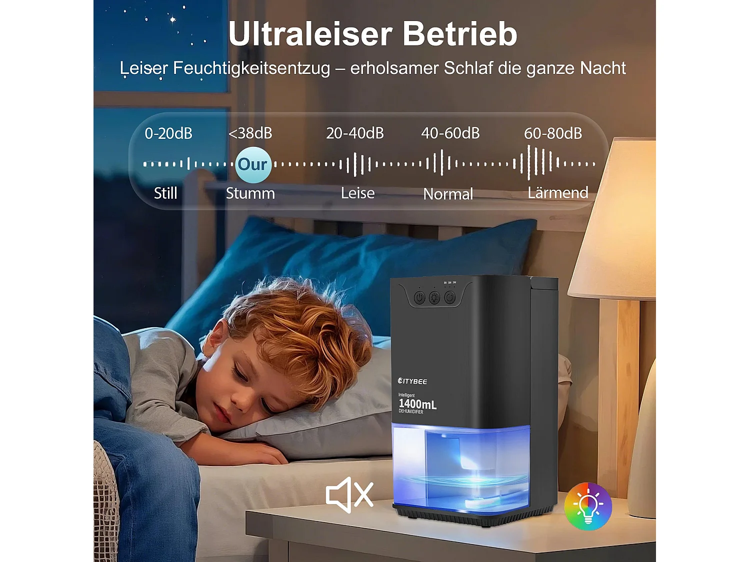 Déshumidificateur NETTLIFE 1400 ml avec minuterie et d'ambiance (noir)