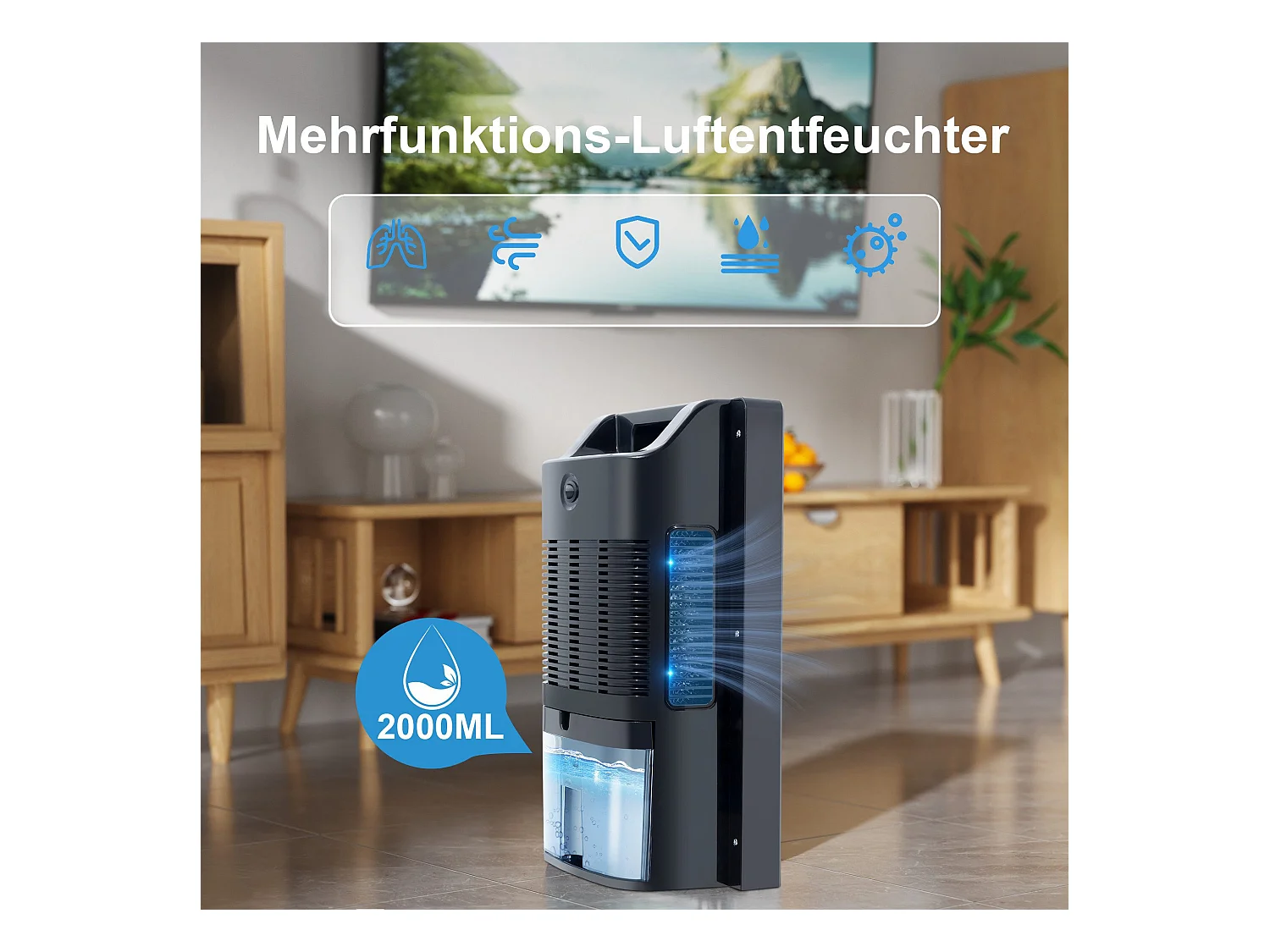 Déshumidificateur 2000 ml avec télécommande, minuterie 24 h, nettoyage UV et mode veille (noir)