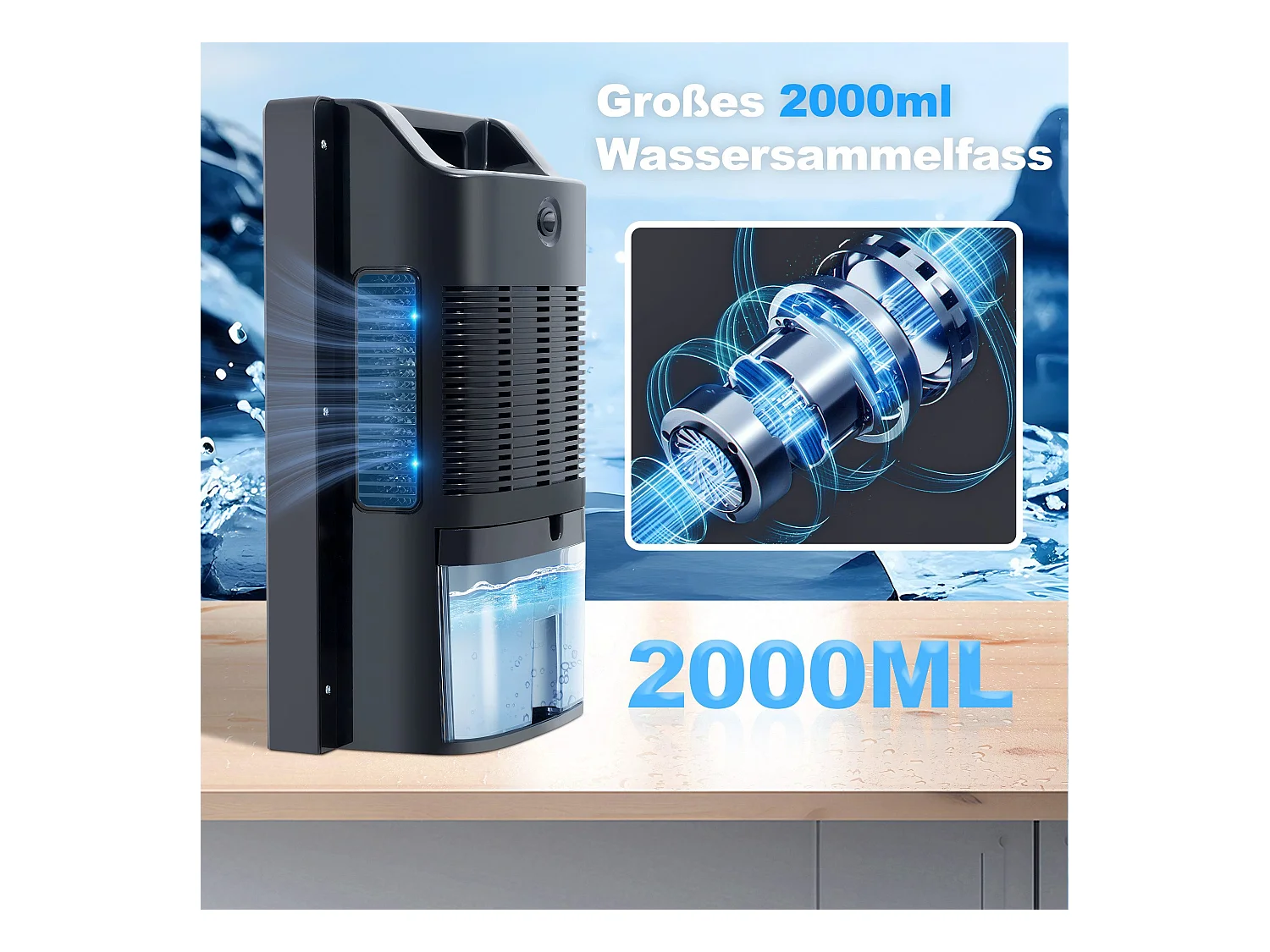 Déshumidificateur 2000 ml avec télécommande, minuterie 24 h, nettoyage UV et mode veille (noir)
