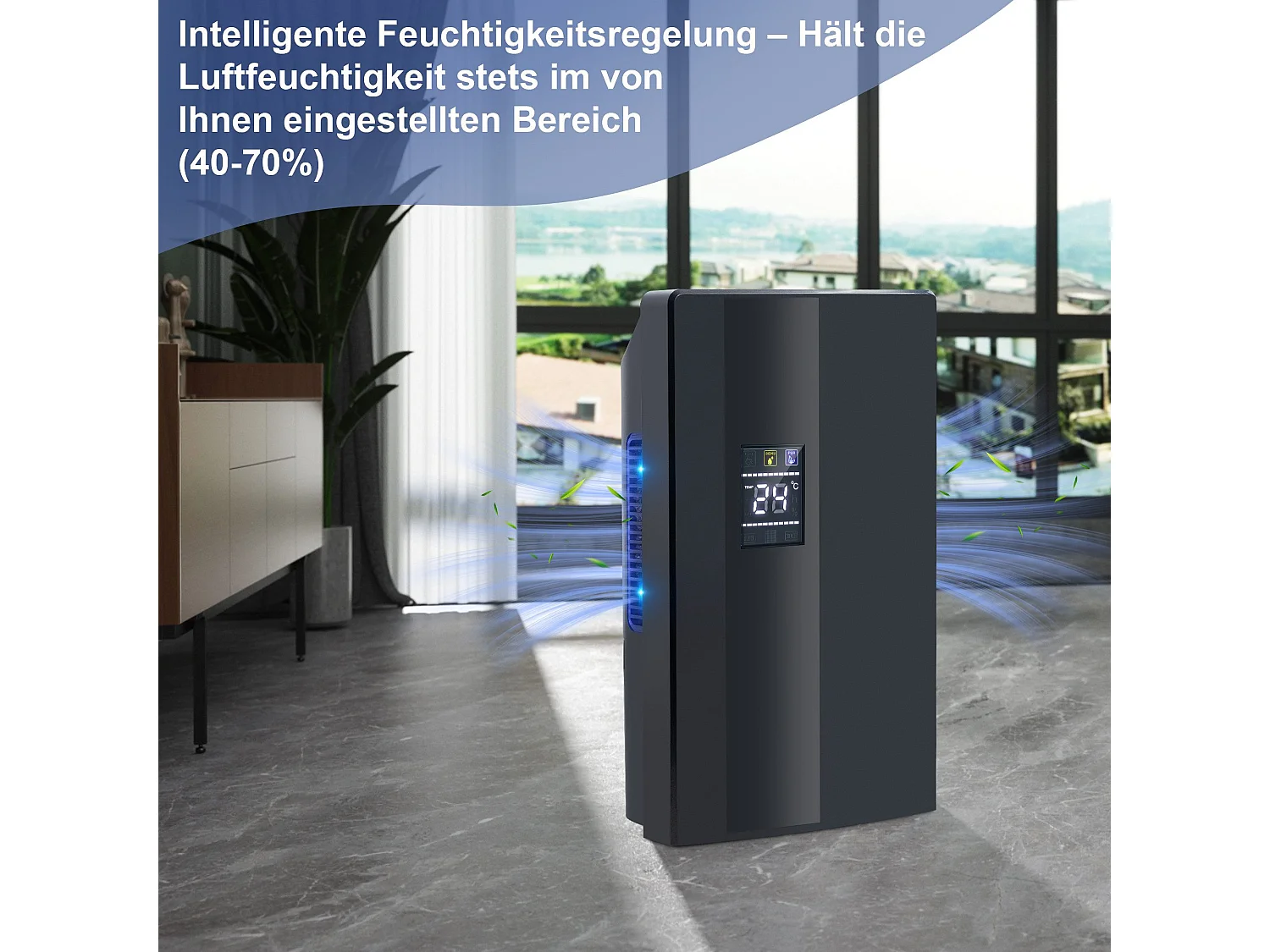 Déshumidificateur 2000 ml avec télécommande, minuterie 24 h, nettoyage UV et mode veille (noir)