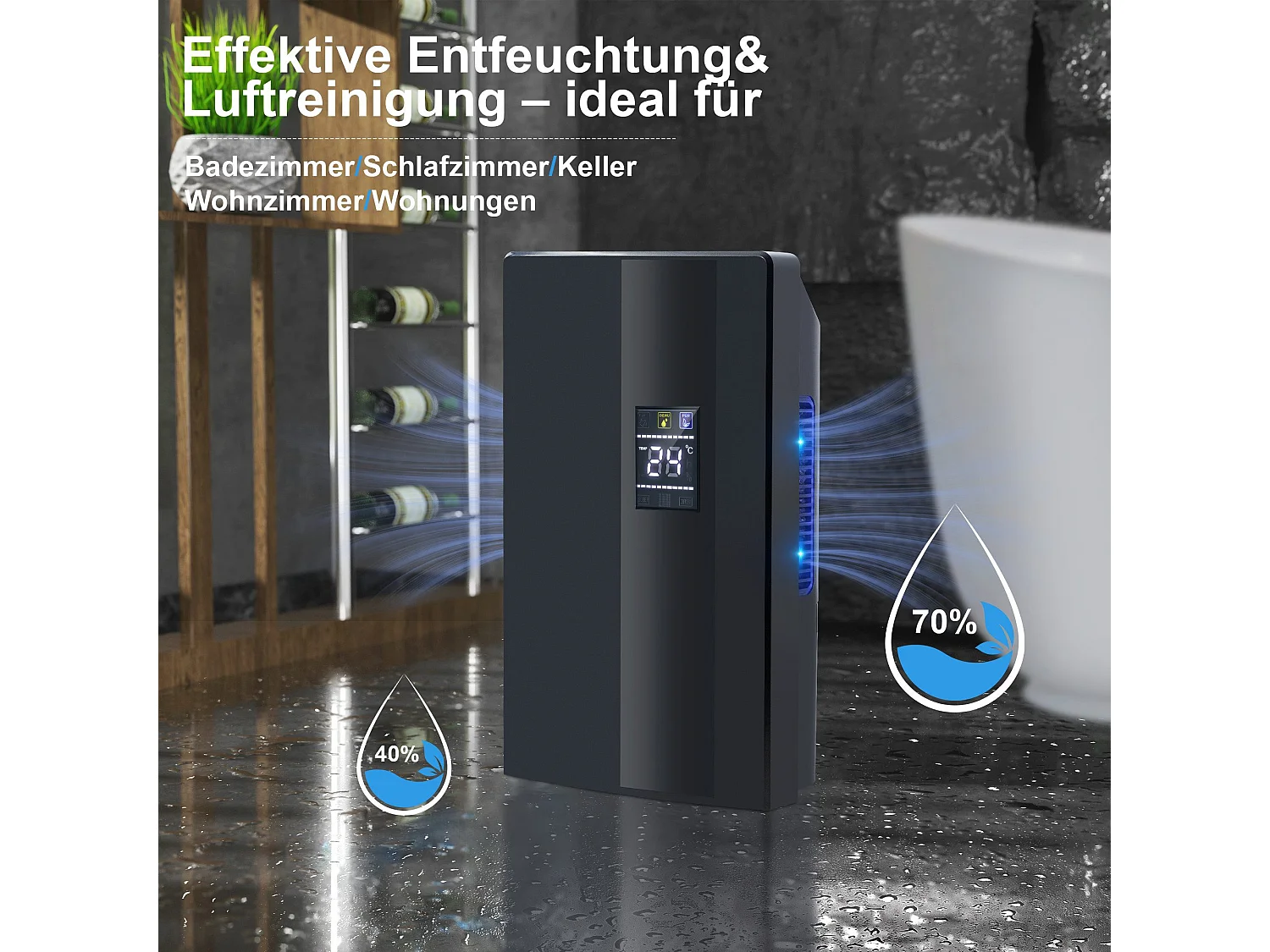 Déshumidificateur 2000 ml avec télécommande, minuterie 24 h, nettoyage UV et mode veille (noir)