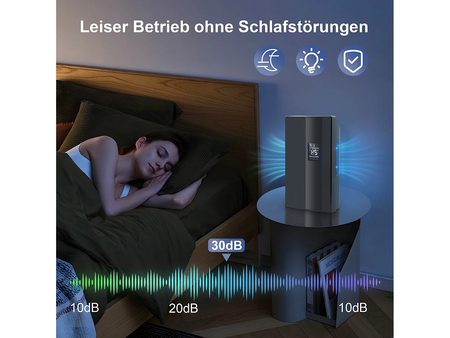 Déshumidificateur 2000 ml avec télécommande, minuterie 24 h, nettoyage UV et mode veille (noir)