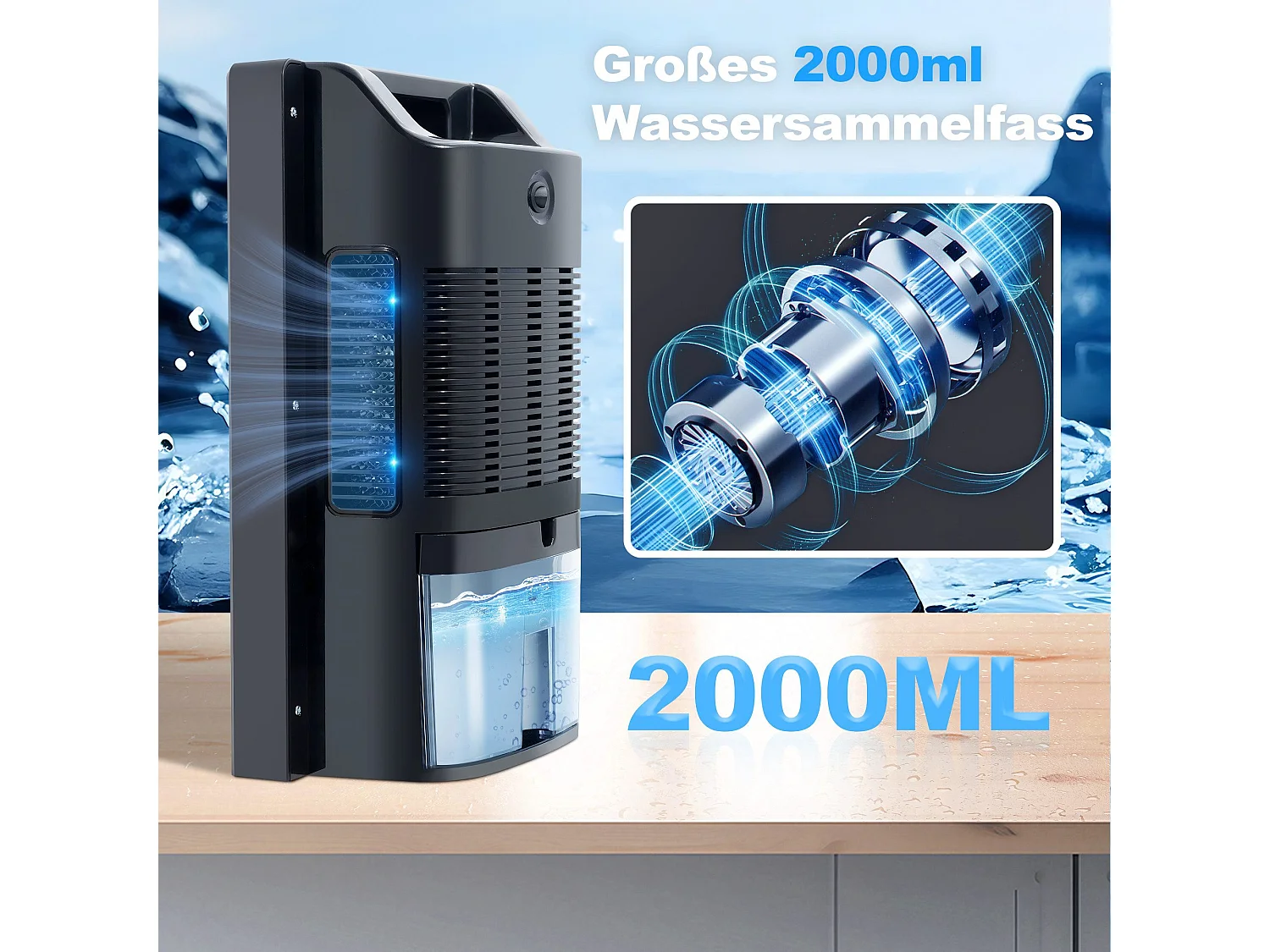 Déshumidificateur 2000 ml avec télécommande, minuterie 24 h, nettoyage UV et mode veille (noir)