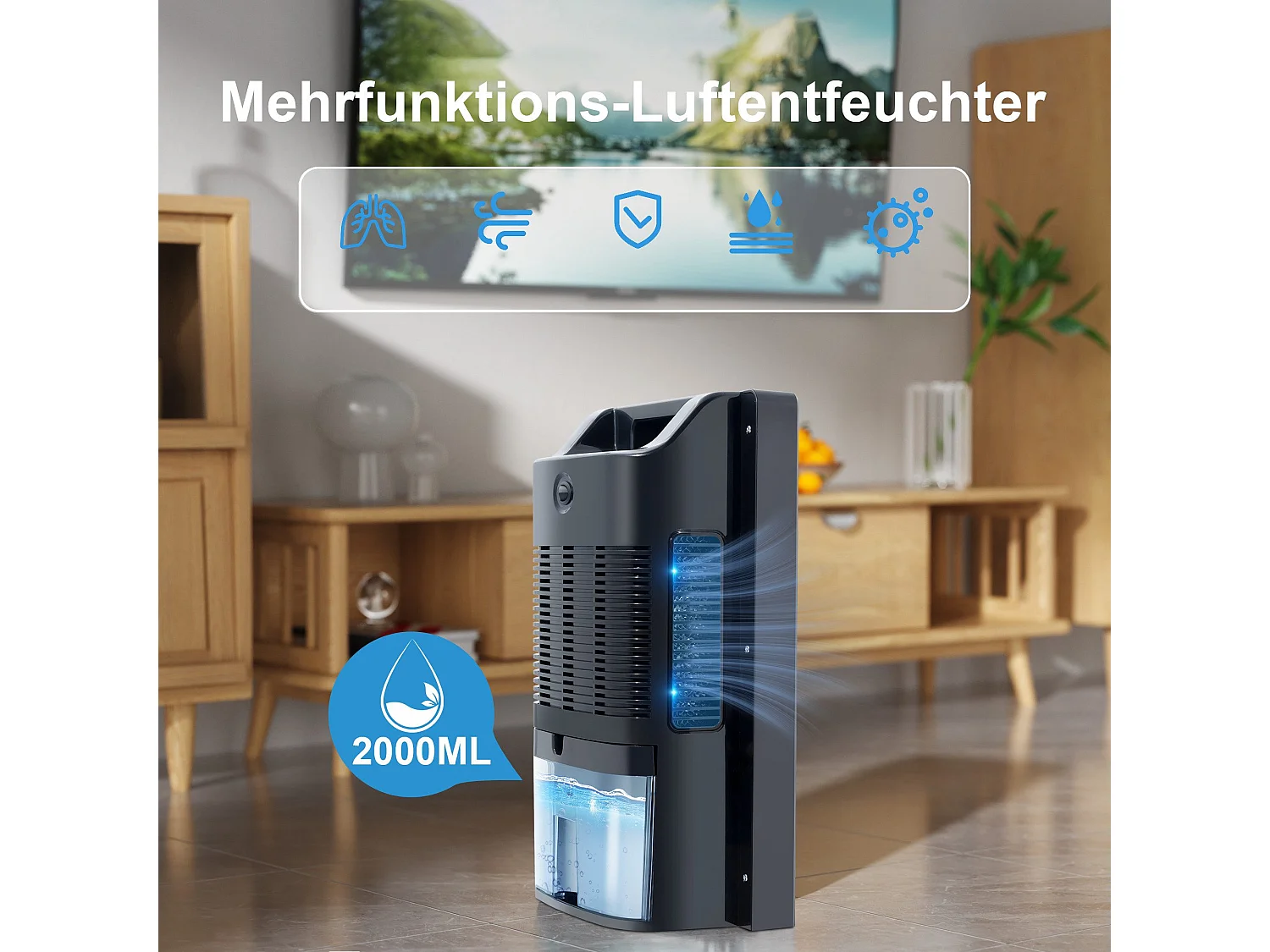 Déshumidificateur 2000 ml avec télécommande, minuterie 24 h, nettoyage UV et mode veille (noir)