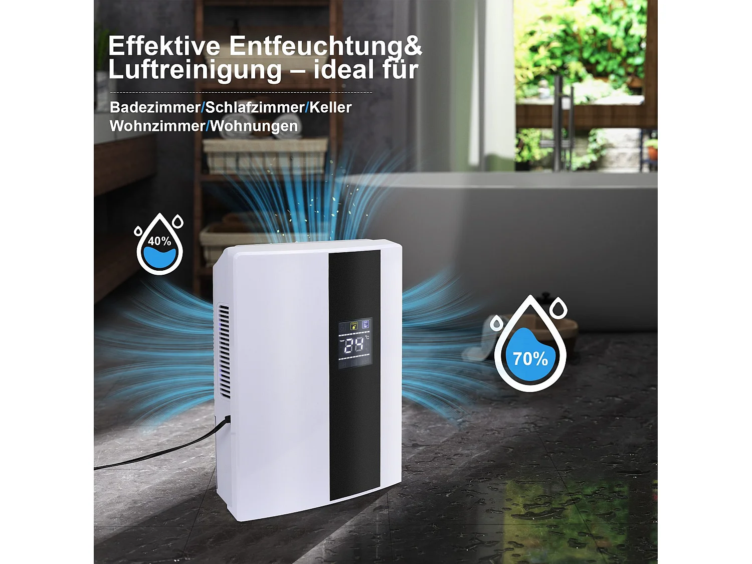 Déshumidificateur 2000 ml avec télécommande, minuterie 24 h, nettoyage UV et mode veille (blanc)