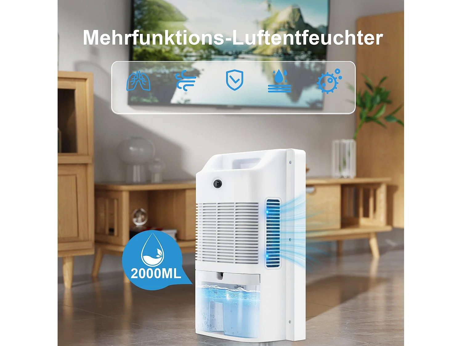 Déshumidificateur 2000 ml avec télécommande, minuterie 24 h, nettoyage UV et mode veille (blanc)