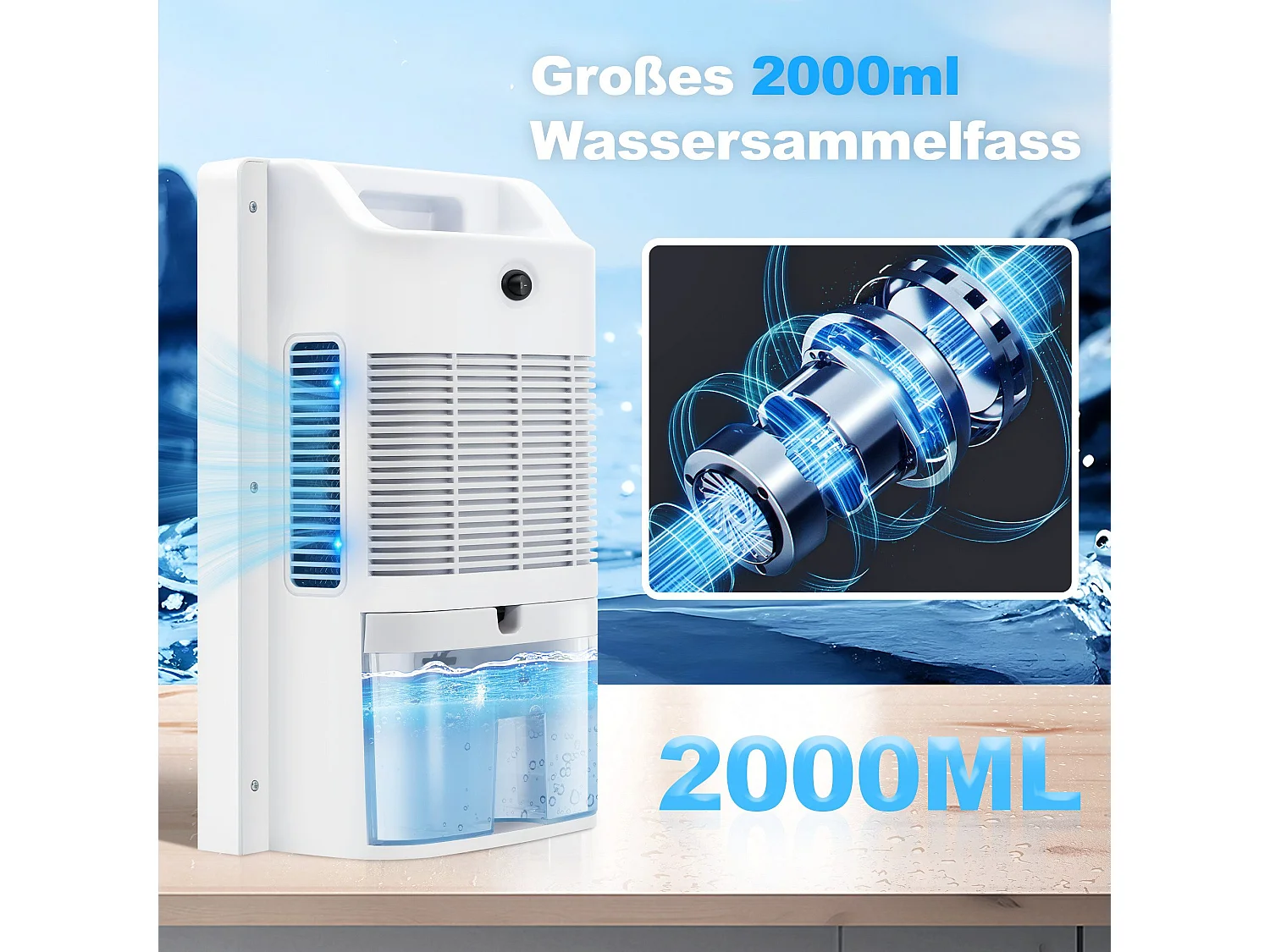 Déshumidificateur 2000 ml avec télécommande, minuterie 24 h, nettoyage UV et mode veille (blanc)